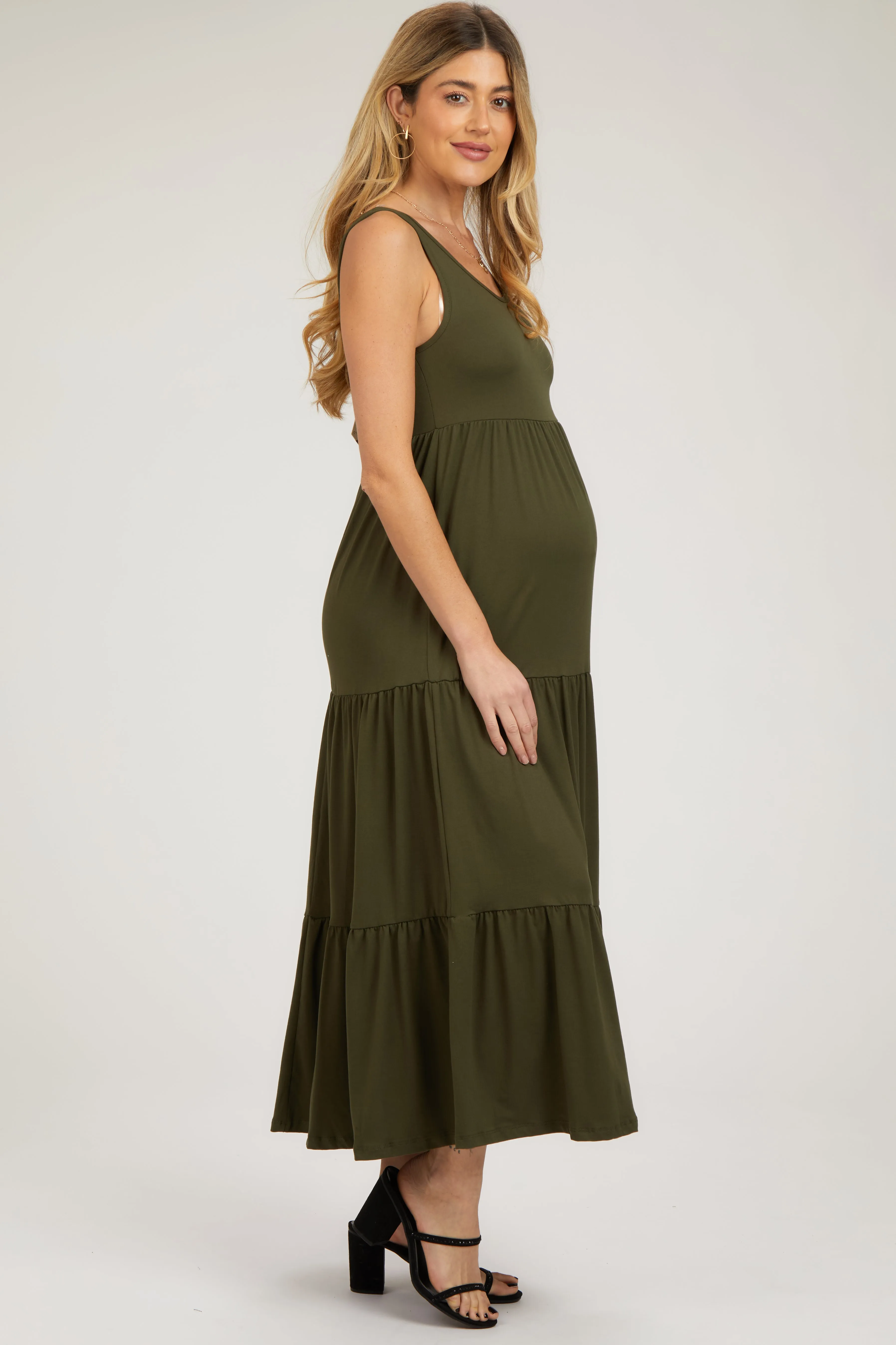 Olive Sleeveless Scoop Back Tiered Maternity Maxi Dress sold by Pinkblush product image thumbnail 2