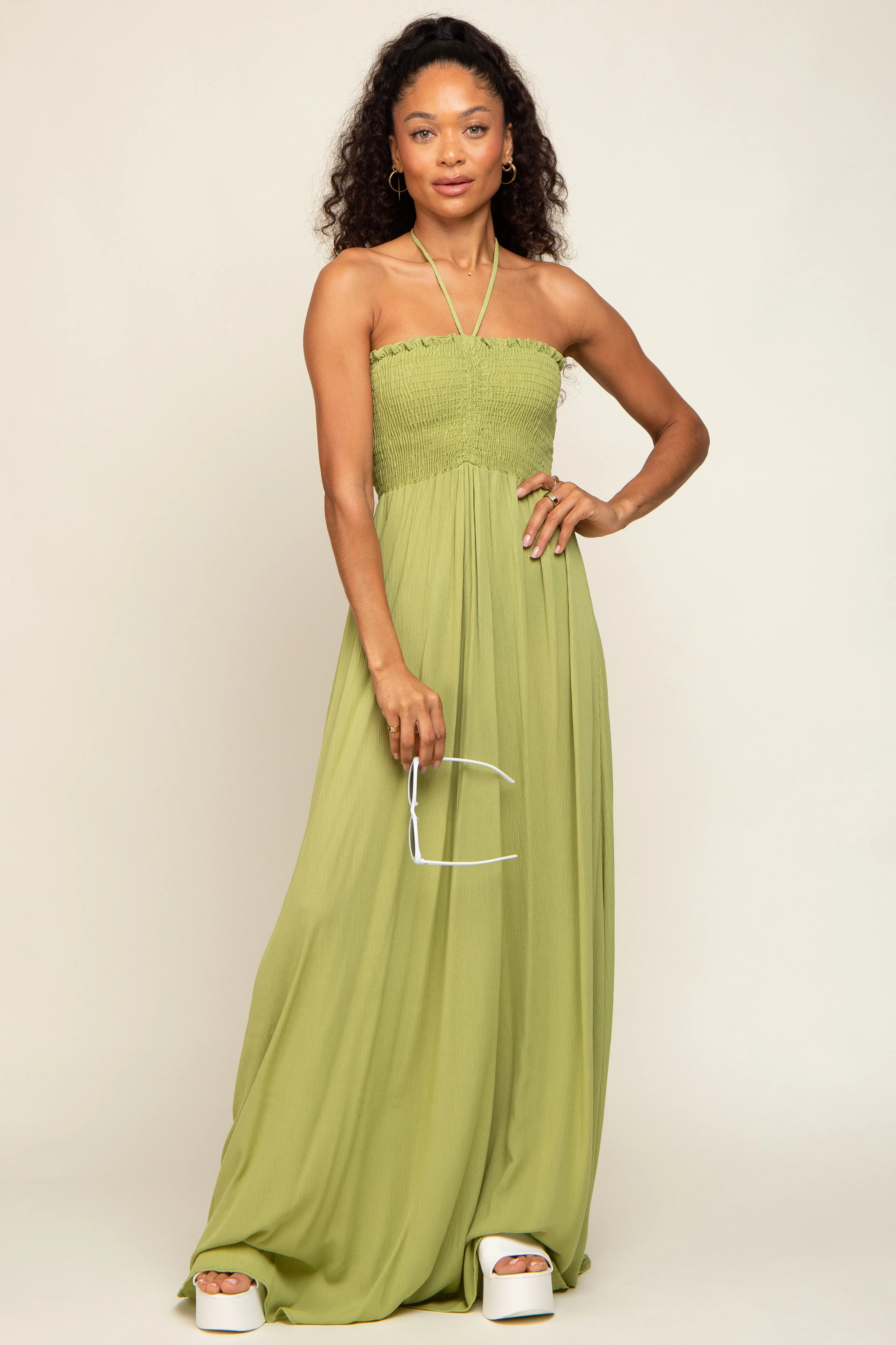 Lime Smocked Halter Maxi Dress sold by Pinkblush product image thumbnail 4