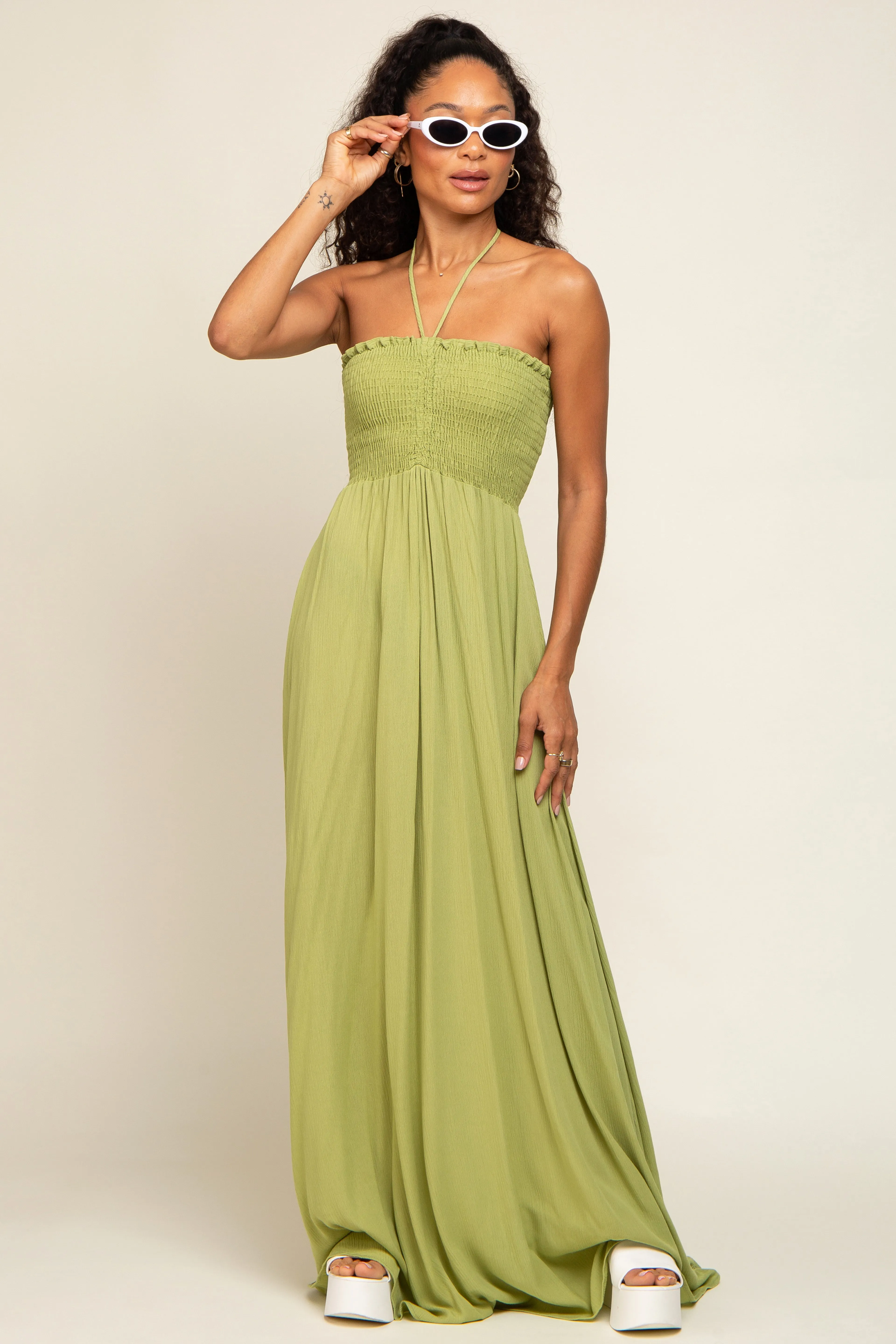 Lime Smocked Halter Maxi Dress sold by Pinkblush