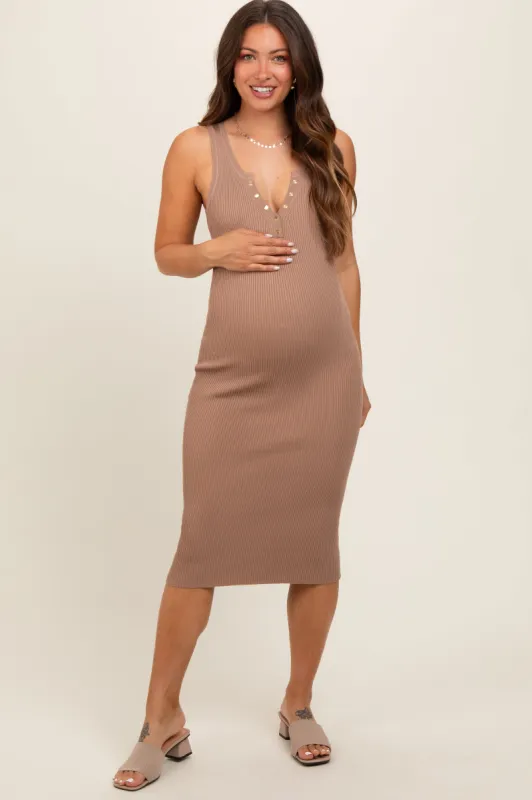 Mocha Ribbed Fitted Sleeveless Snap Button Maternity Dress sold by Pinkblush
