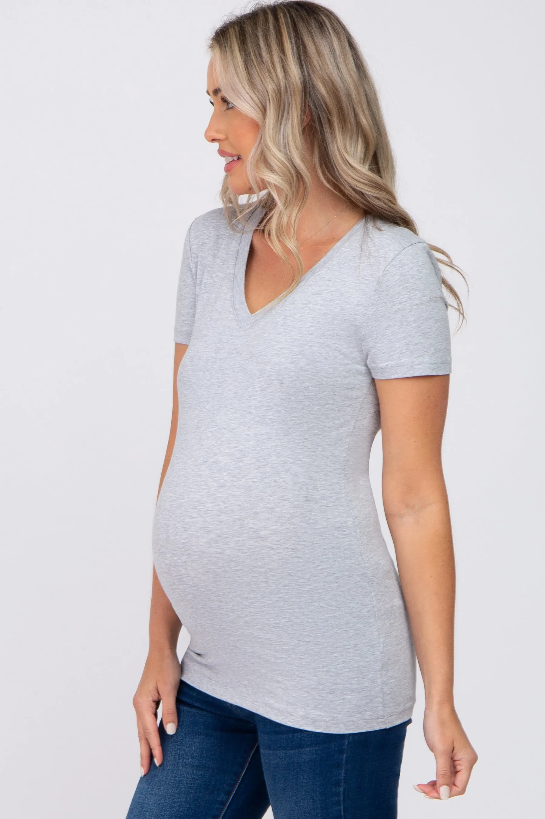 Heather Grey V-Neck Short Sleeve Maternity Top sold by Pinkblush product image thumbnail 2