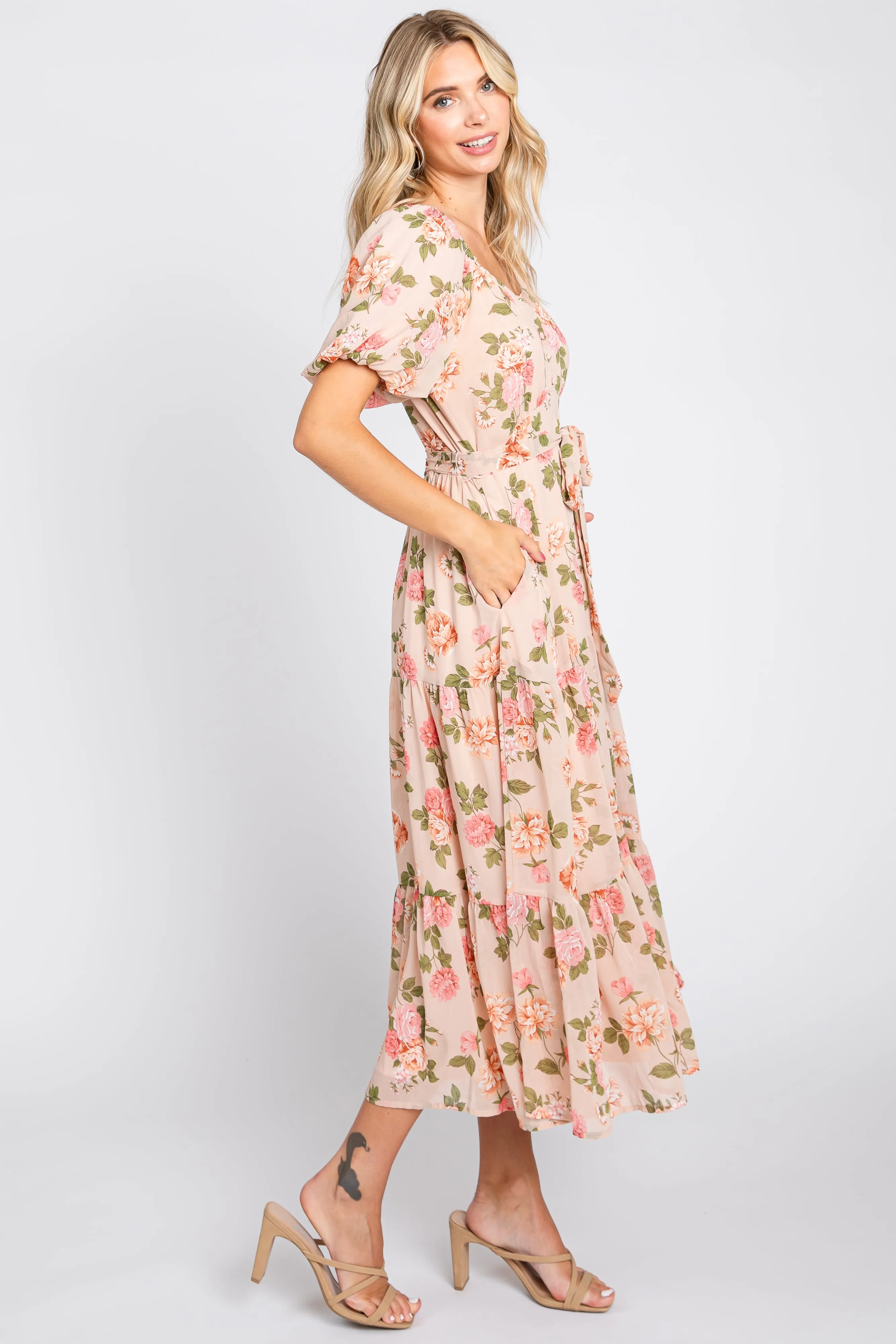 Pink Floral Button Puff Sleeve Midi Dress sold by Pinkblush product image thumbnail 2