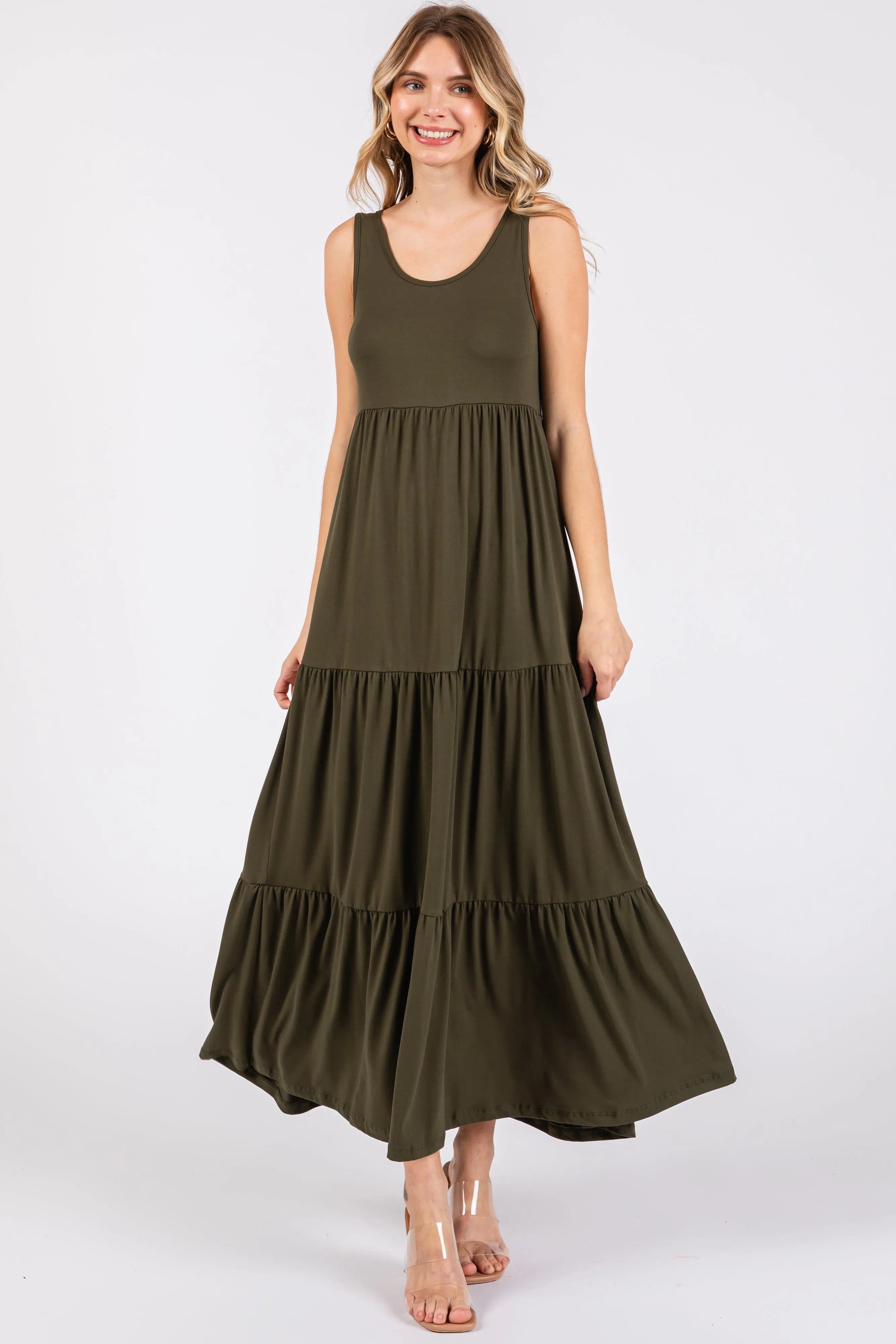 Olive Sleeveless Scoop Back Tiered Maternity Maxi Dress sold by Pinkblush product image thumbnail 3