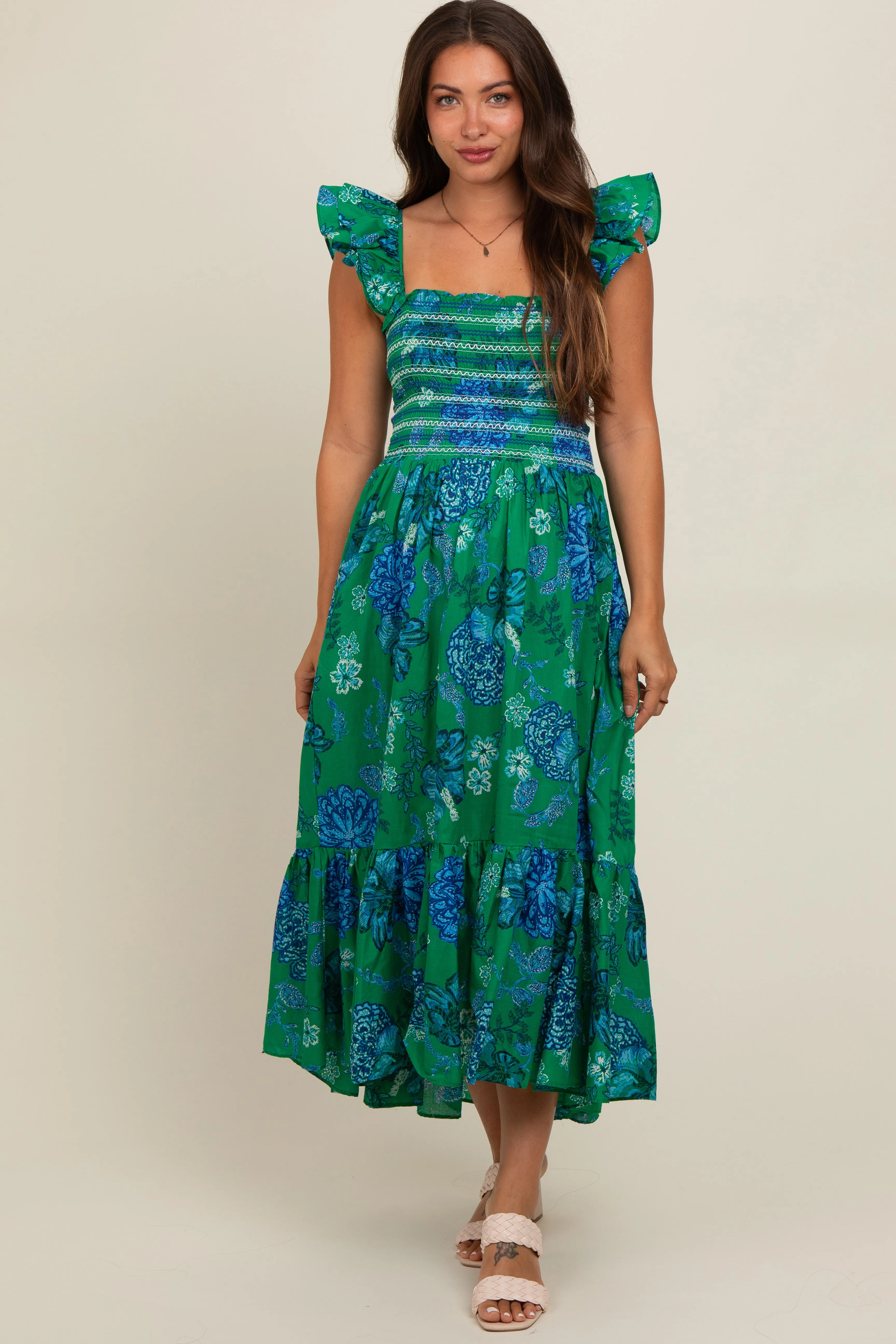 Green Floral Smocked Maternity Midi Dress sold by Pinkblush