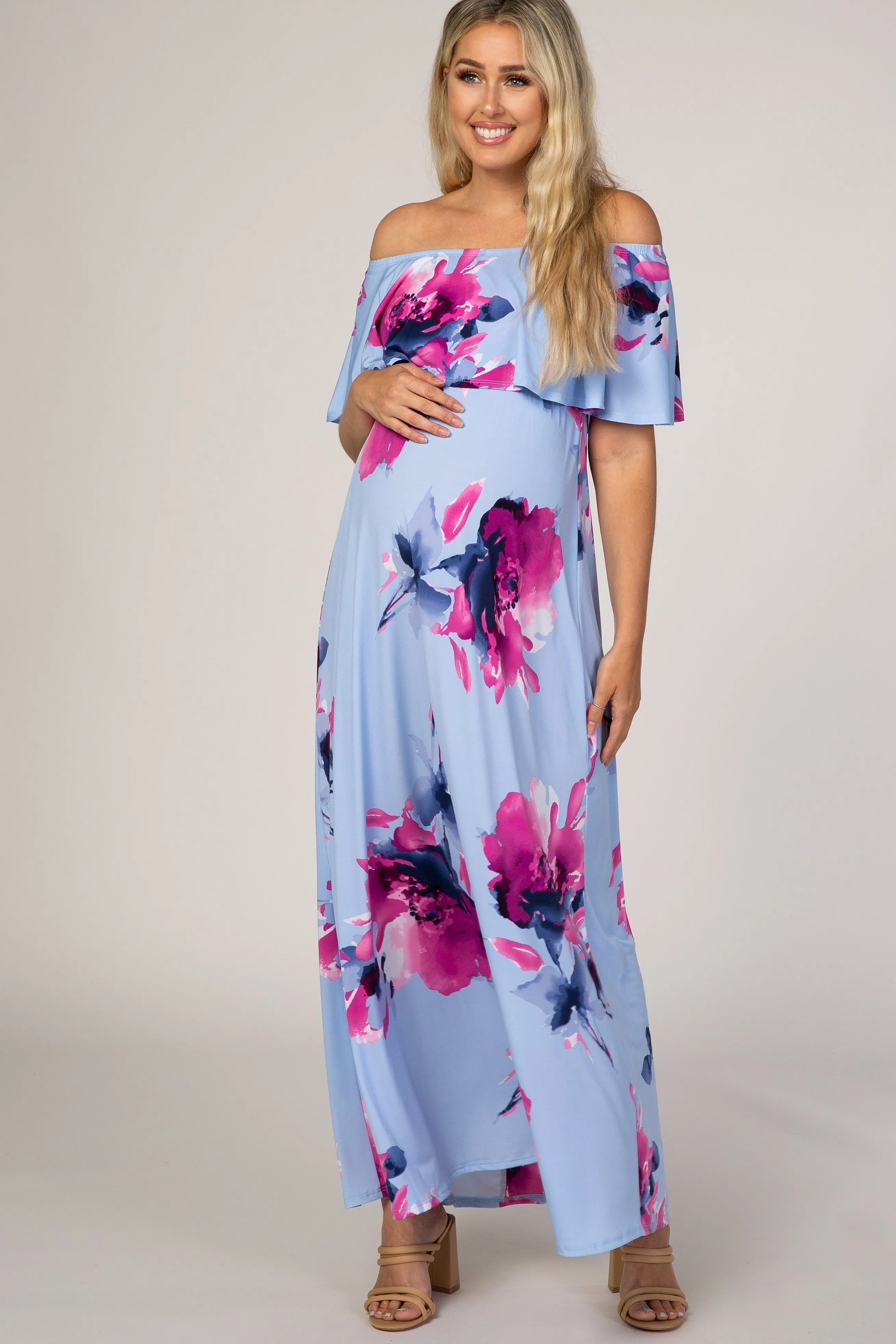 Light Blue Floral Off Shoulder Maternity Maxi Dress sold by Pinkblush