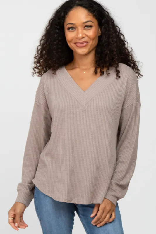 Taupe V Neck Waffle Knit Top sold by Pinkblush