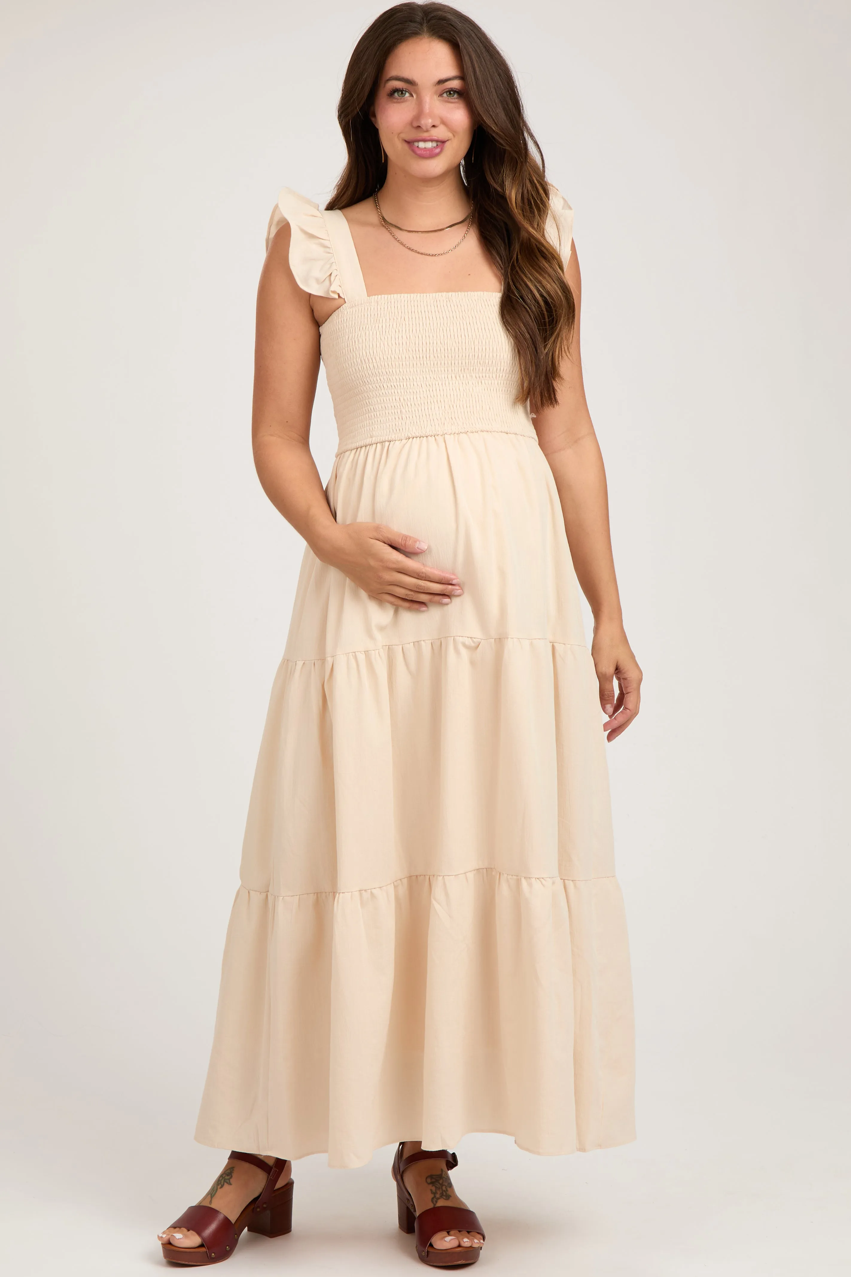 Taupe Sleeveless Smocked Tiered Maternity Maxi Dress sold by Pinkblush