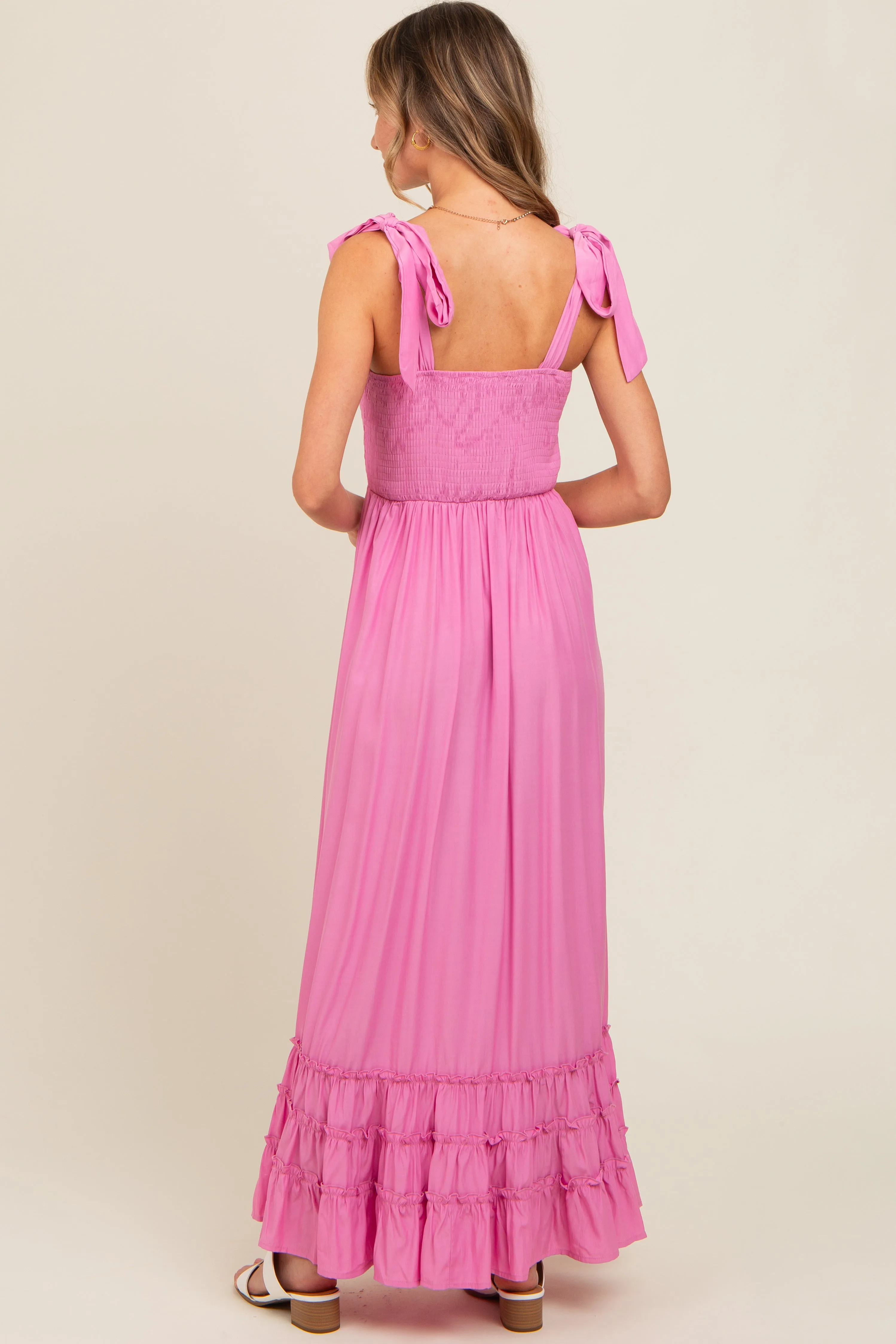 Pink Sweetheart Neck Smocked Shoulder Tie Maxi Dress sold by Pinkblush product image thumbnail 4