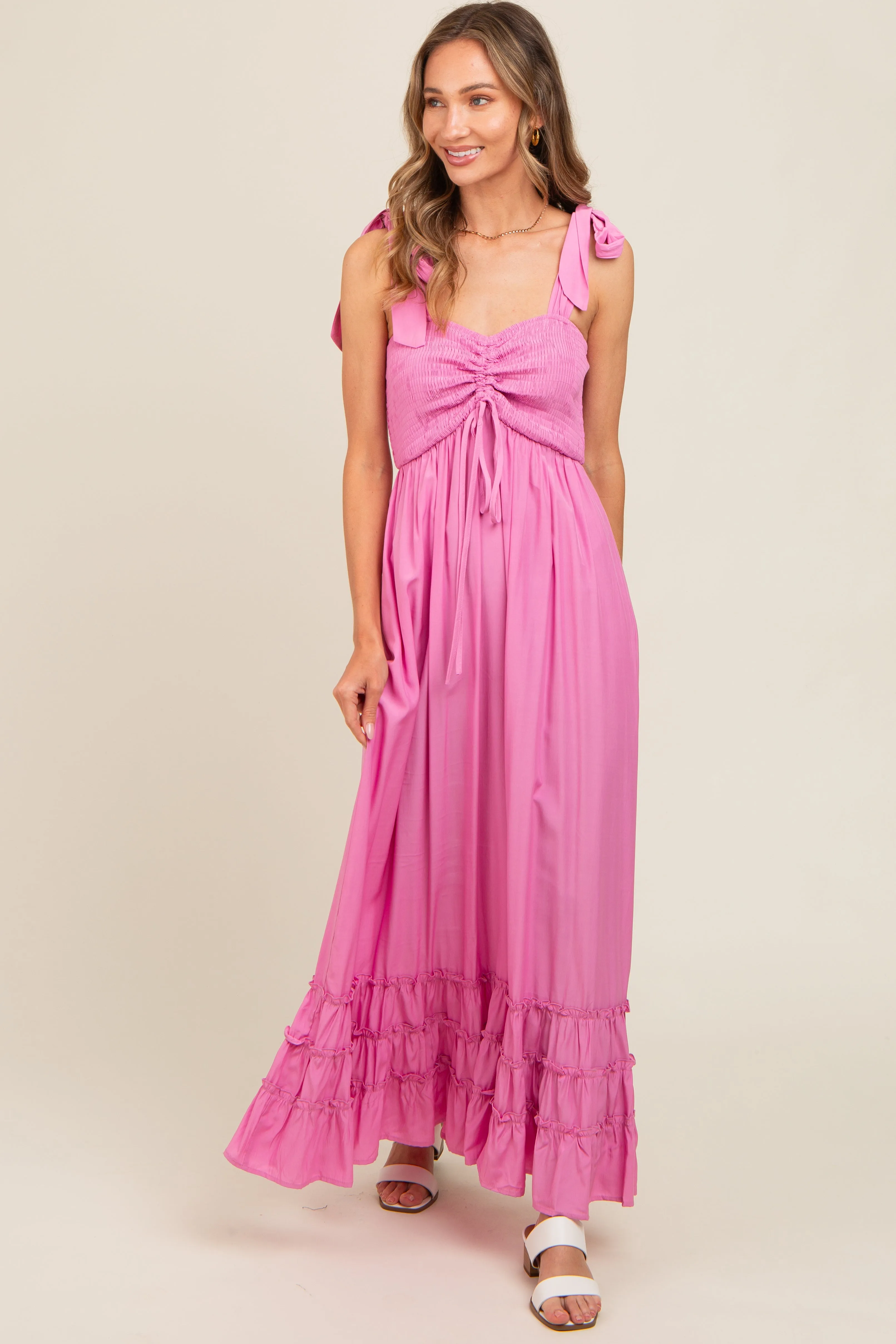 Pink Sweetheart Neck Smocked Shoulder Tie Maxi Dress sold by Pinkblush