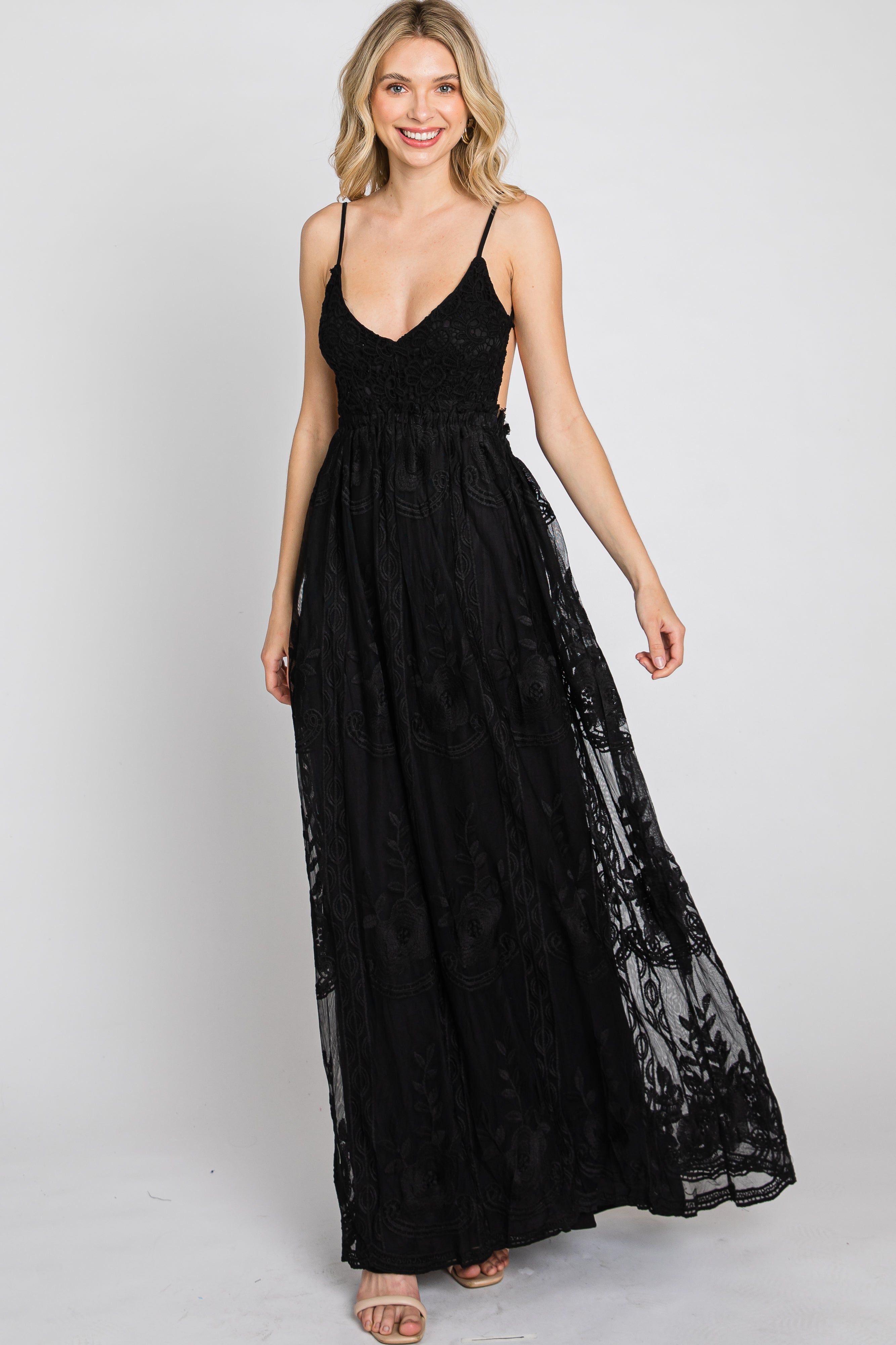 Black Crochet Lace Open Back Maxi Dress sold by Pinkblush product image thumbnail 3