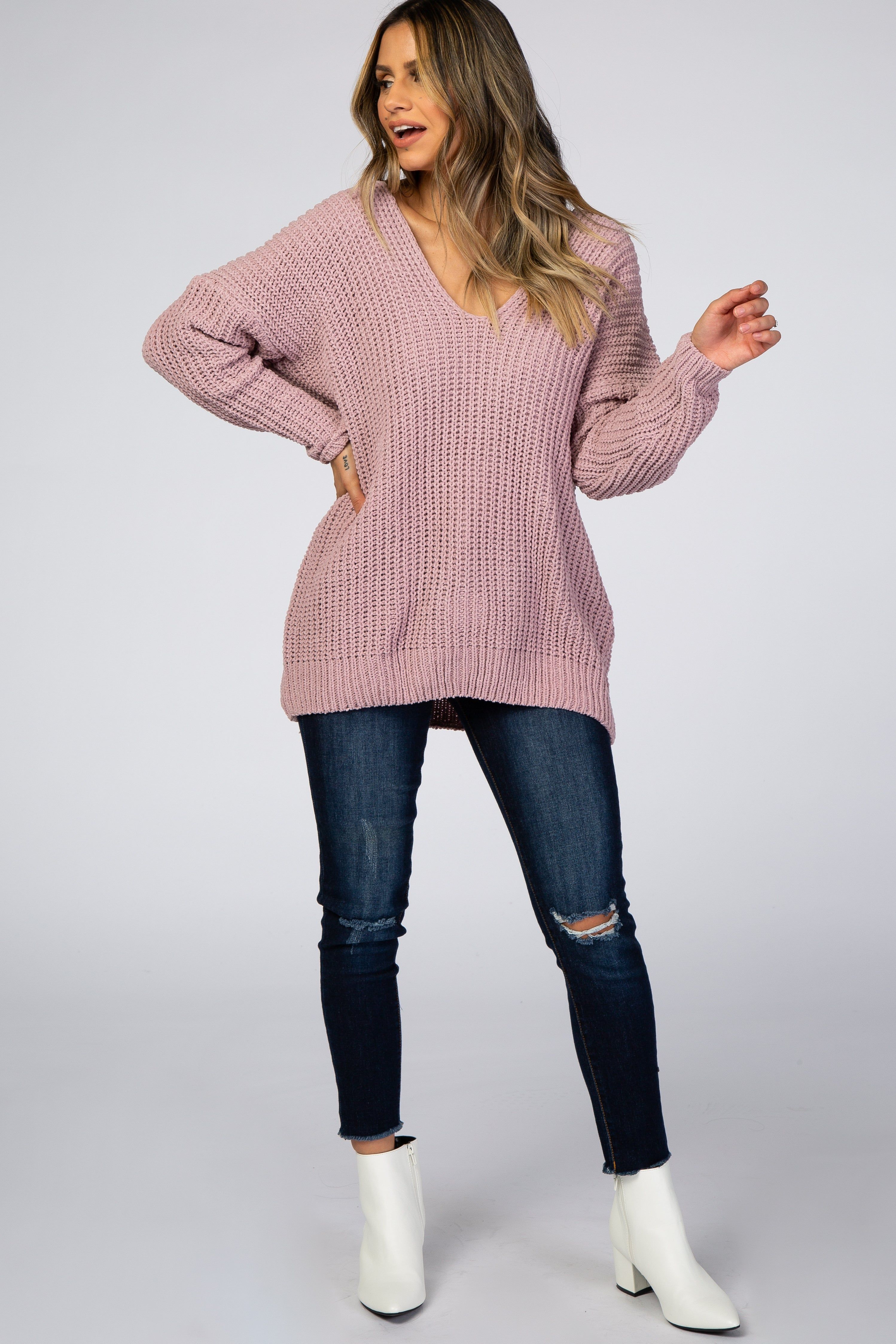 Mauve Soft Knit V-Neck Sweater sold by Pinkblush product image thumbnail 4
