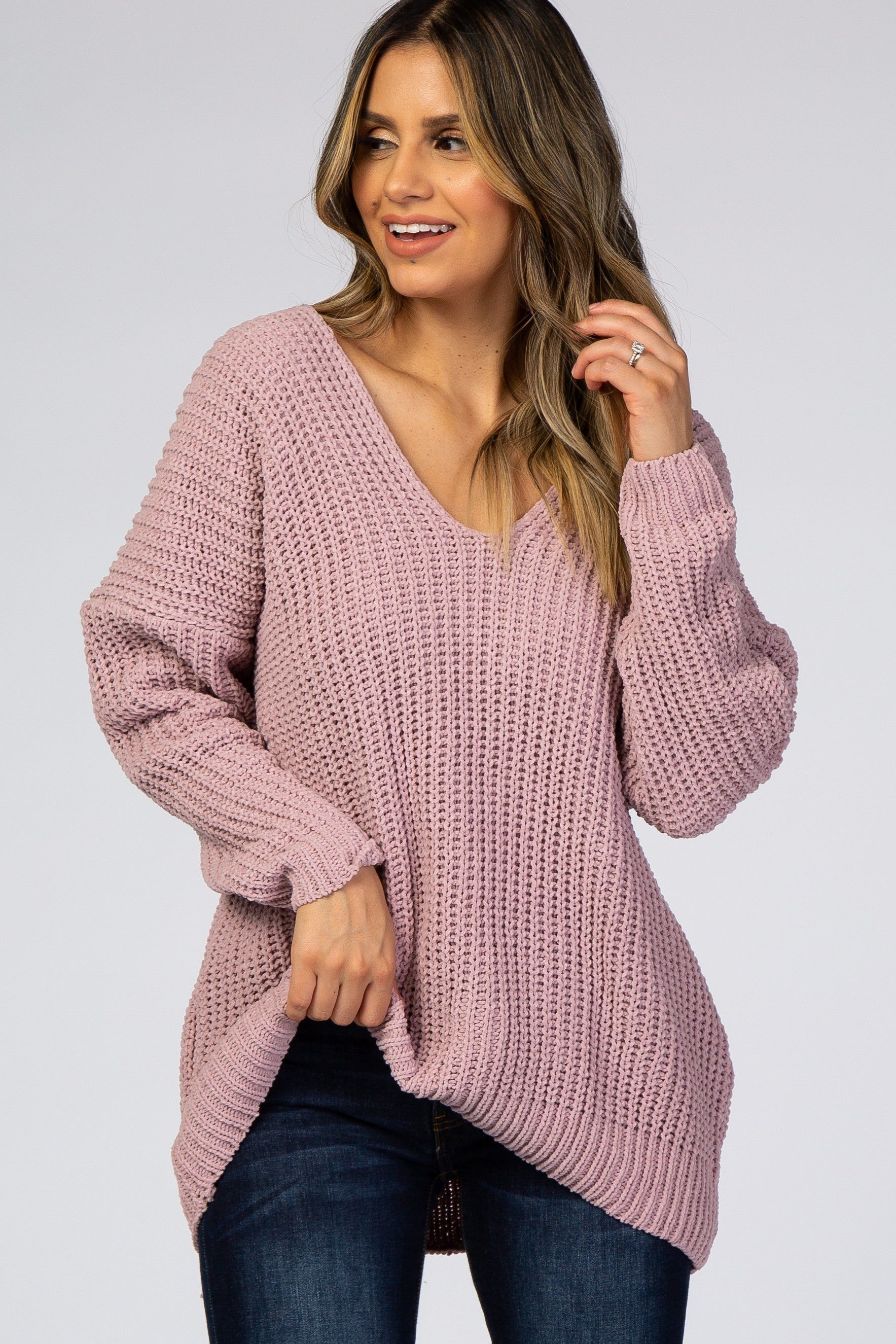 Mauve Soft Knit V-Neck Sweater sold by Pinkblush