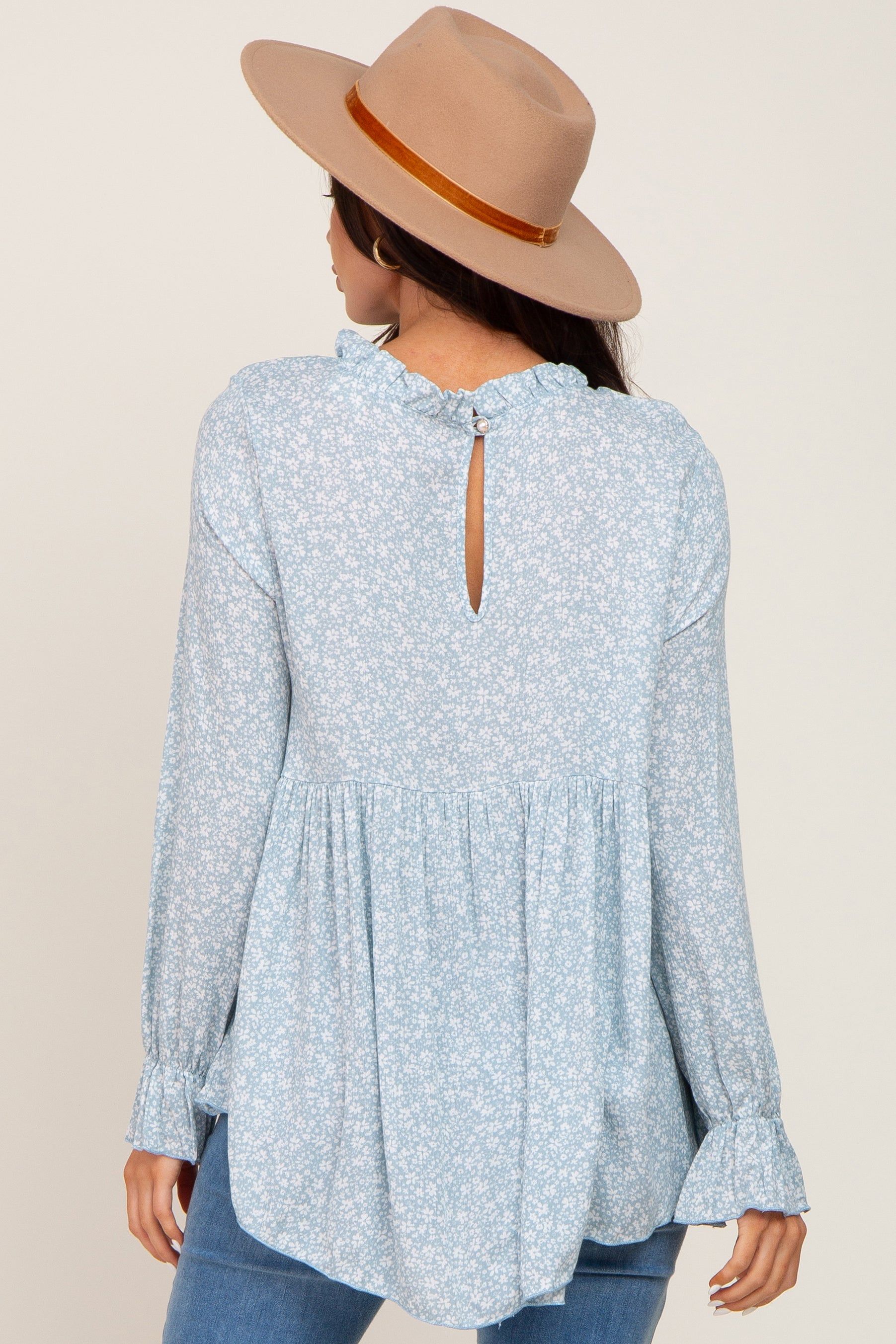 Light Blue Floral Ruffle Neck Maternity Top sold by Pinkblush product image thumbnail 3