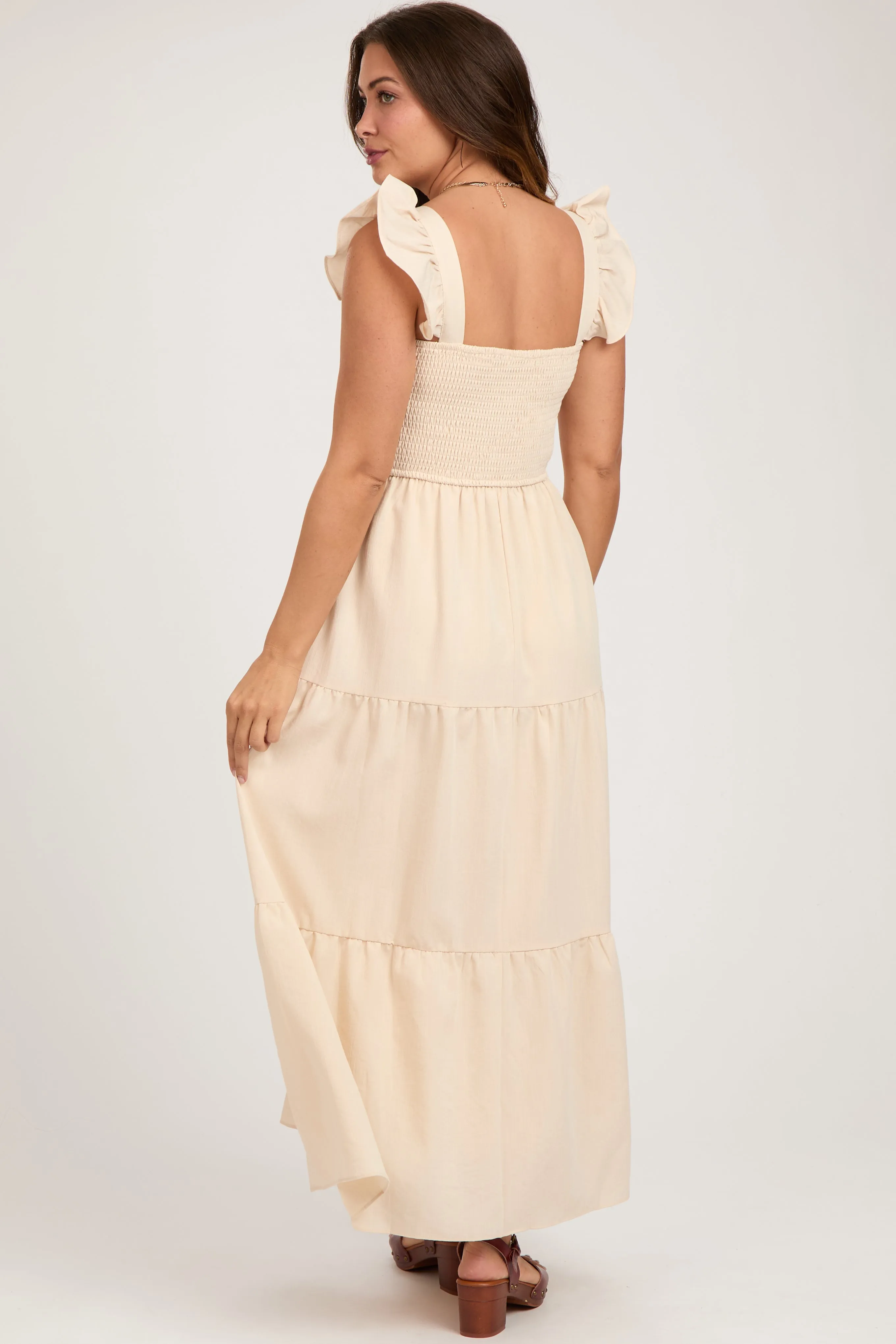 Taupe Sleeveless Smocked Tiered Maternity Maxi Dress sold by Pinkblush product image thumbnail 2