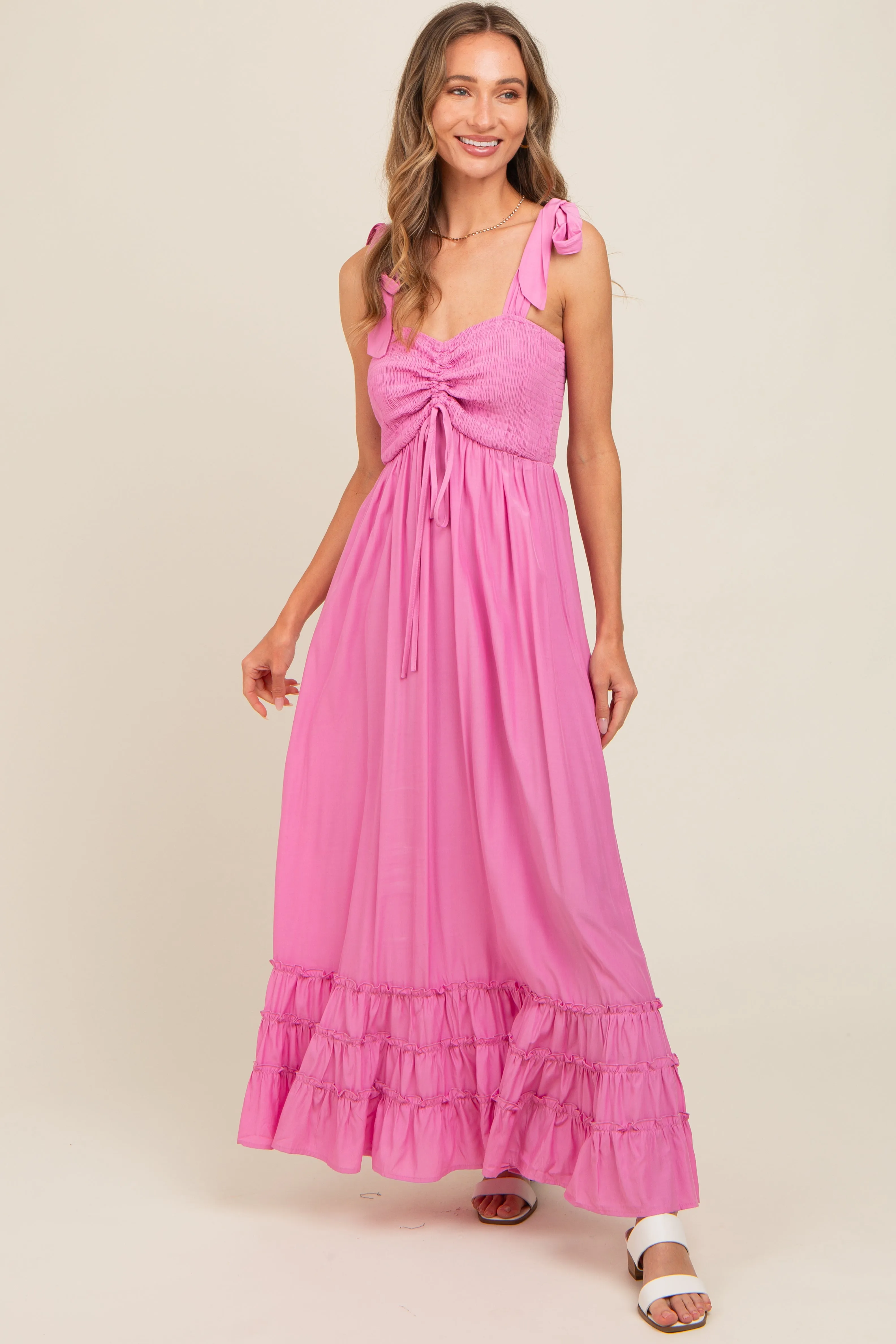 Pink Sweetheart Neck Smocked Shoulder Tie Maxi Dress sold by Pinkblush product image thumbnail 2