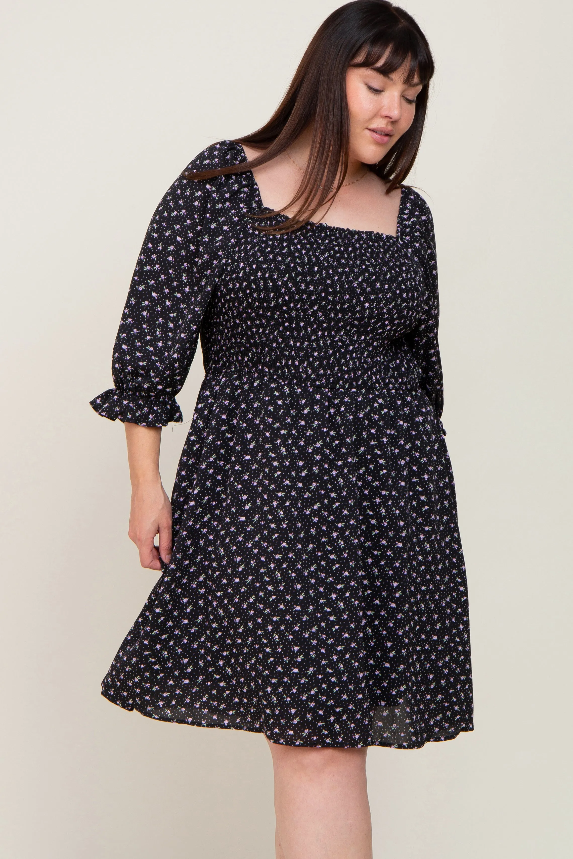 Black Floral Square Neck Plus Dress sold by Pinkblush