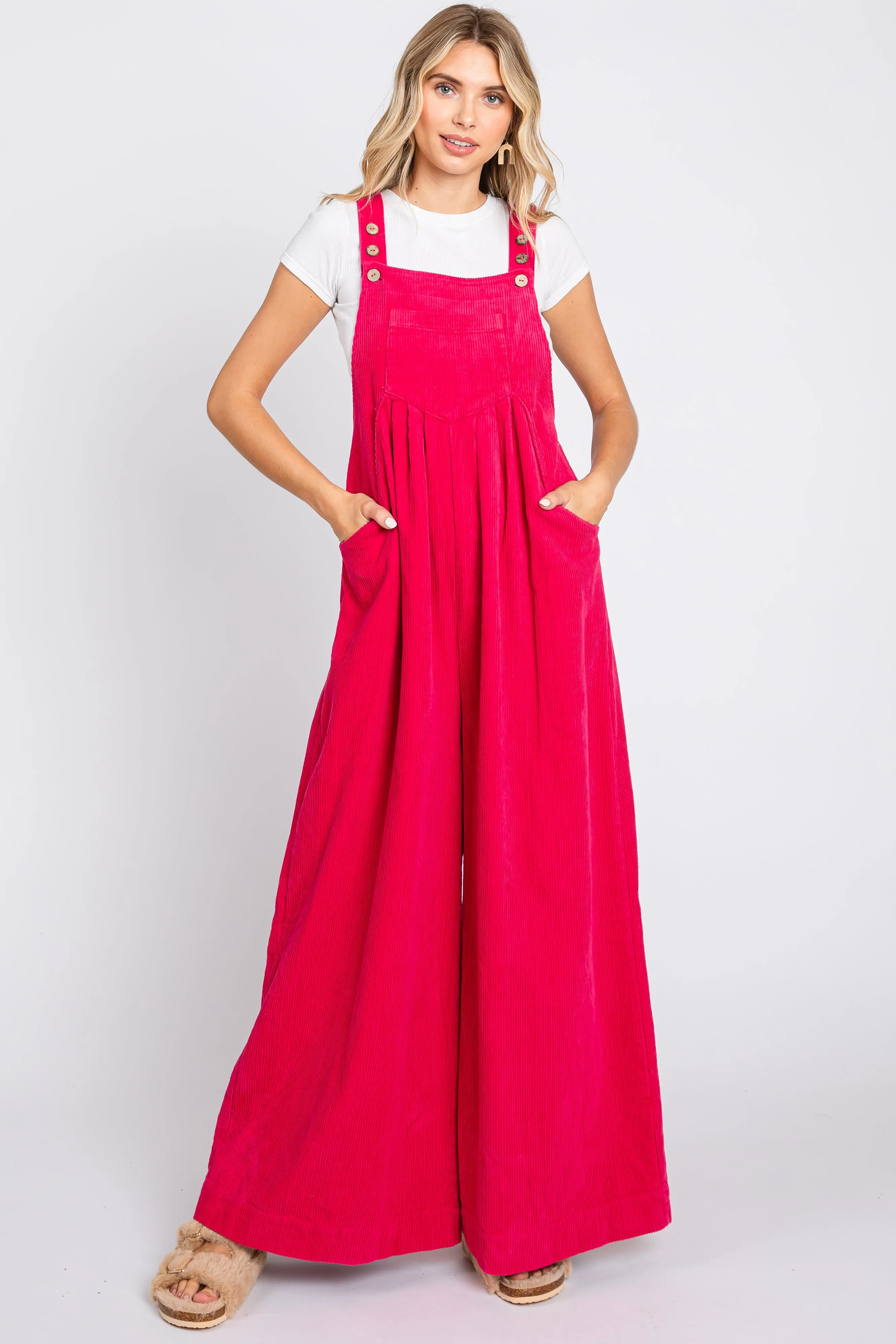 Fuchsia Corduroy Front Pleated Wide Leg Overalls sold by Pinkblush