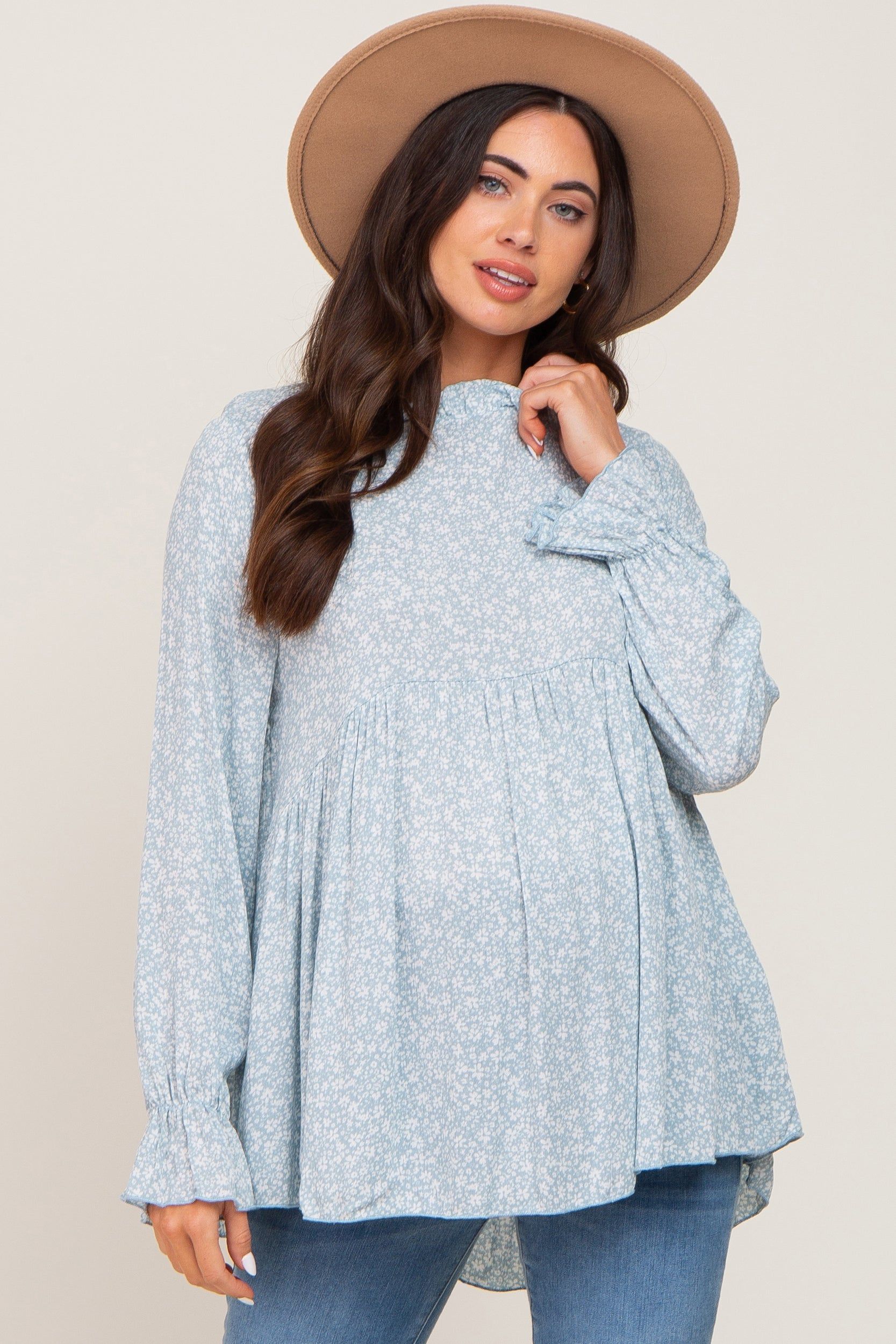 Light Blue Floral Ruffle Neck Maternity Top sold by Pinkblush