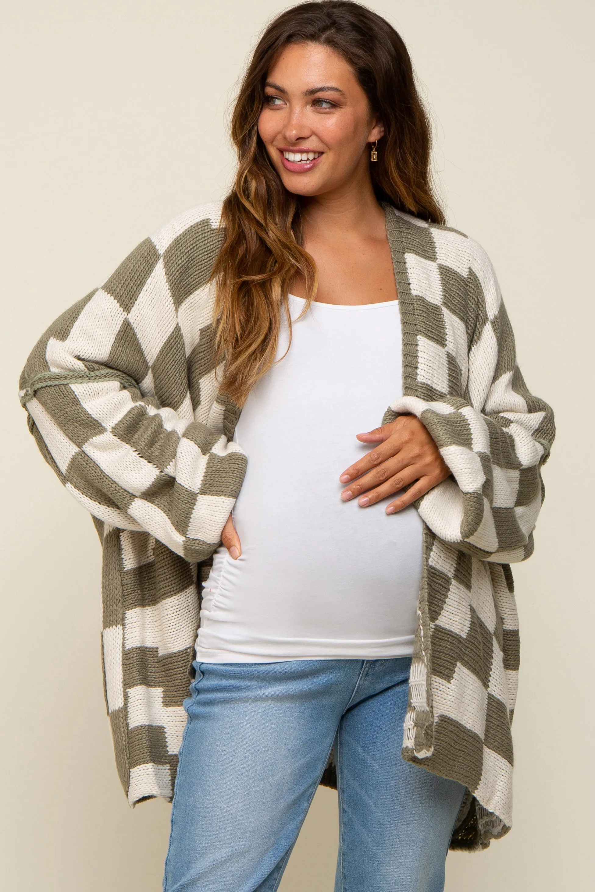 Olive Checkered Print Oversized Maternity Cardigan sold by Pinkblush