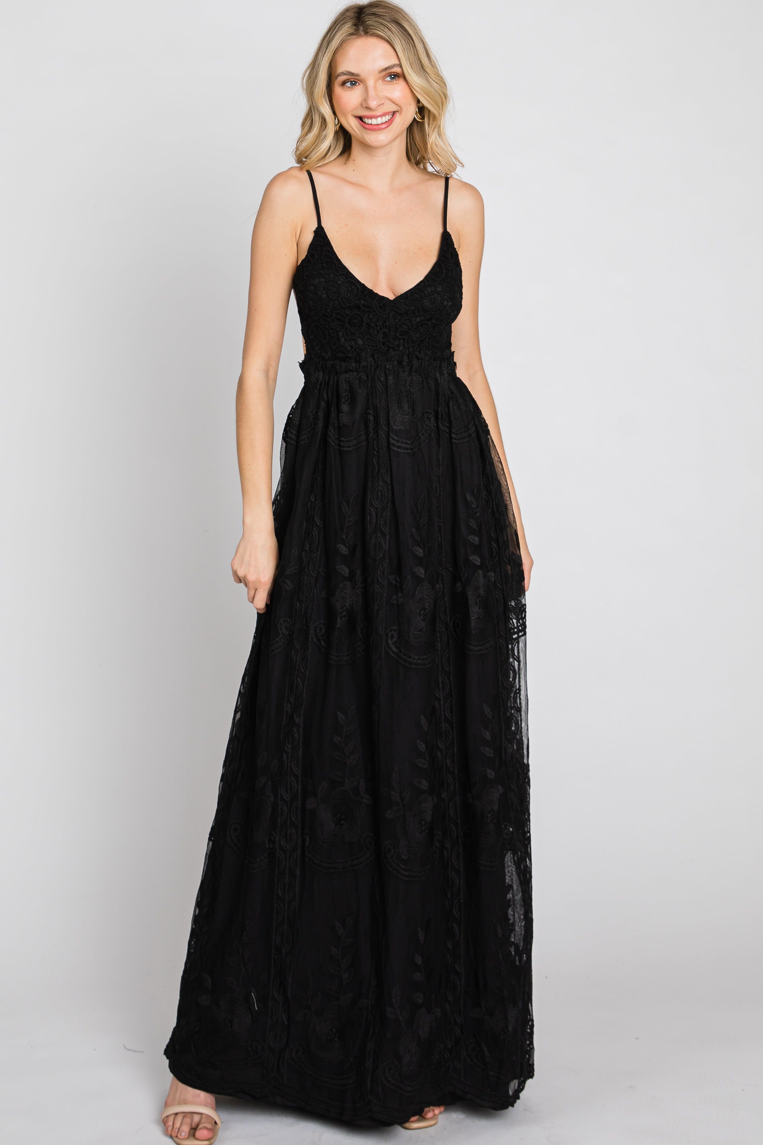 Black Crochet Lace Open Back Maxi Dress sold by Pinkblush product image thumbnail 2