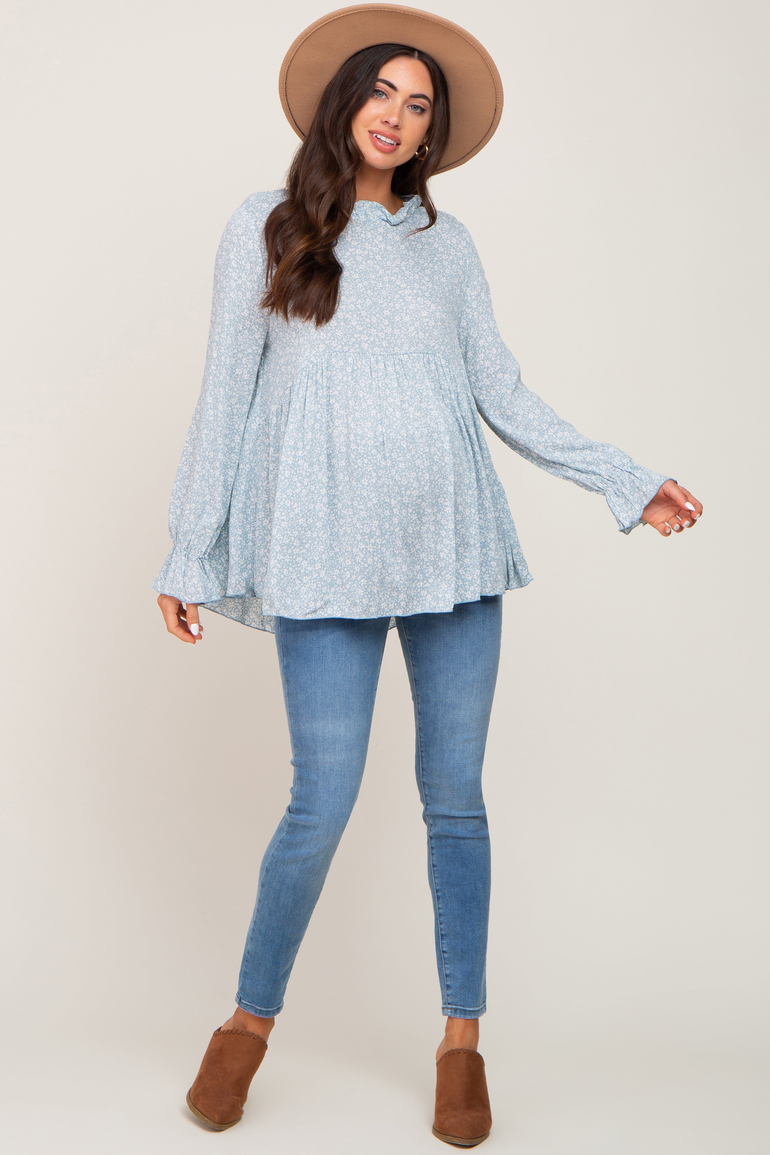 Light Blue Floral Ruffle Neck Maternity Top sold by Pinkblush product image thumbnail 5