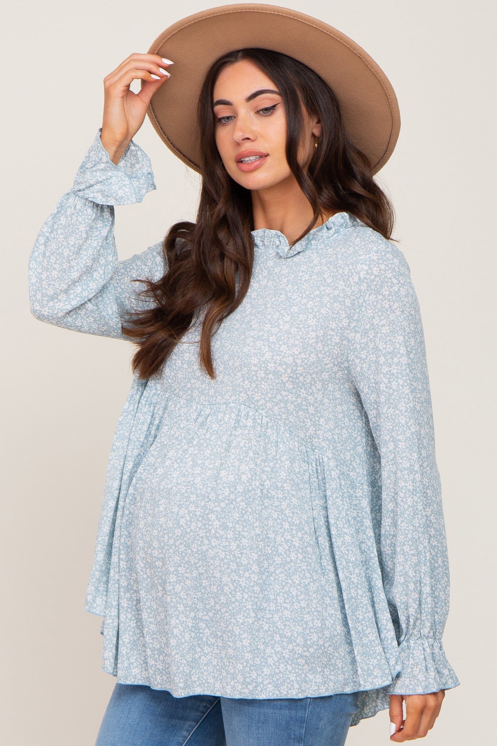 Light Blue Floral Ruffle Neck Maternity Top sold by Pinkblush product image thumbnail 2