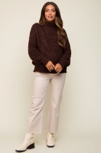 Brown Chunky Knit Mock Neck Maternity Sweater sold by Pinkblush
