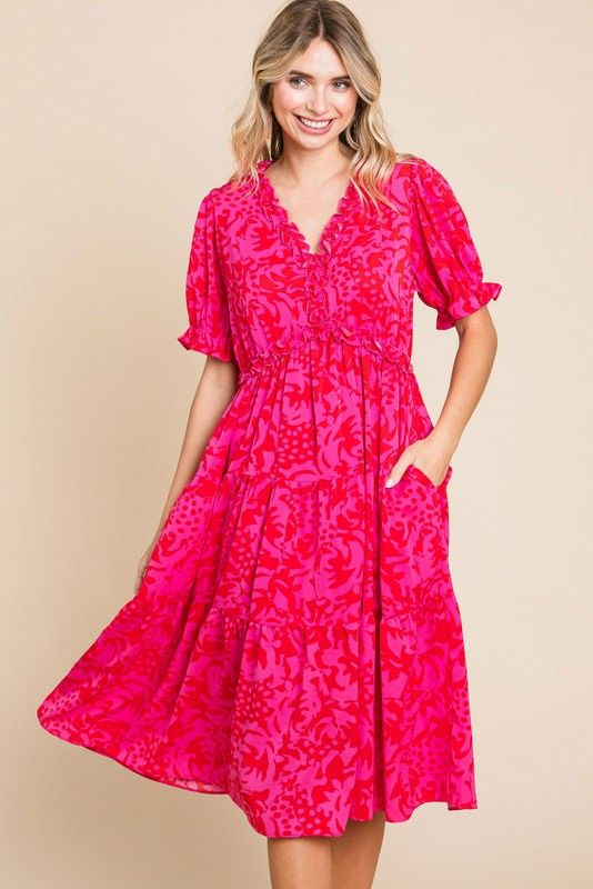 Fuchsia Print Ruffle Trim Tiered Dress sold by Pinkblush