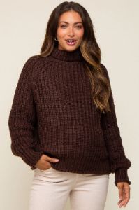 Brown Chunky Knit Mock Neck Maternity Sweater sold by Pinkblush