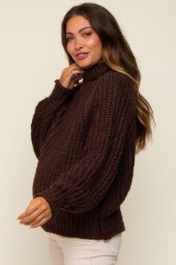 Brown Chunky Knit Mock Neck Maternity Sweater sold by Pinkblush