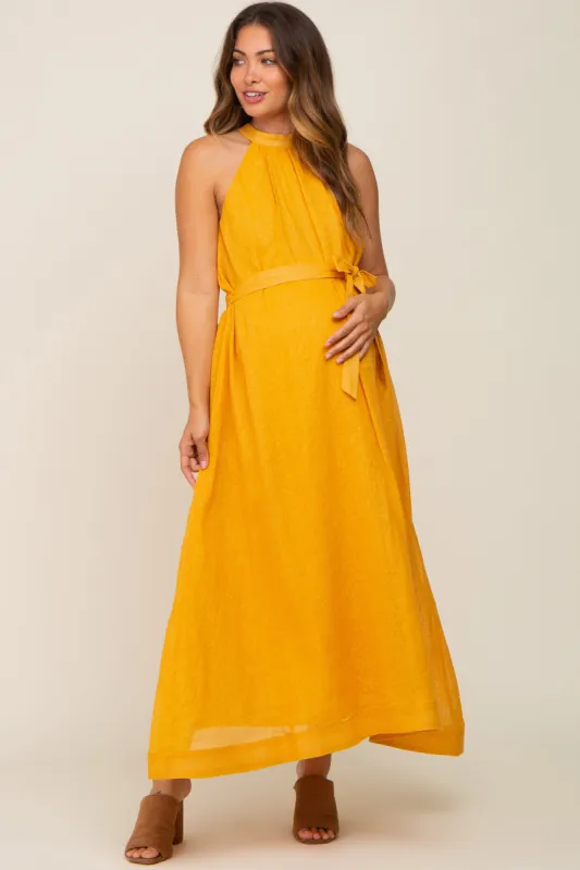 Yellow Linen A-line Maternity Midi Dress sold by Pinkblush