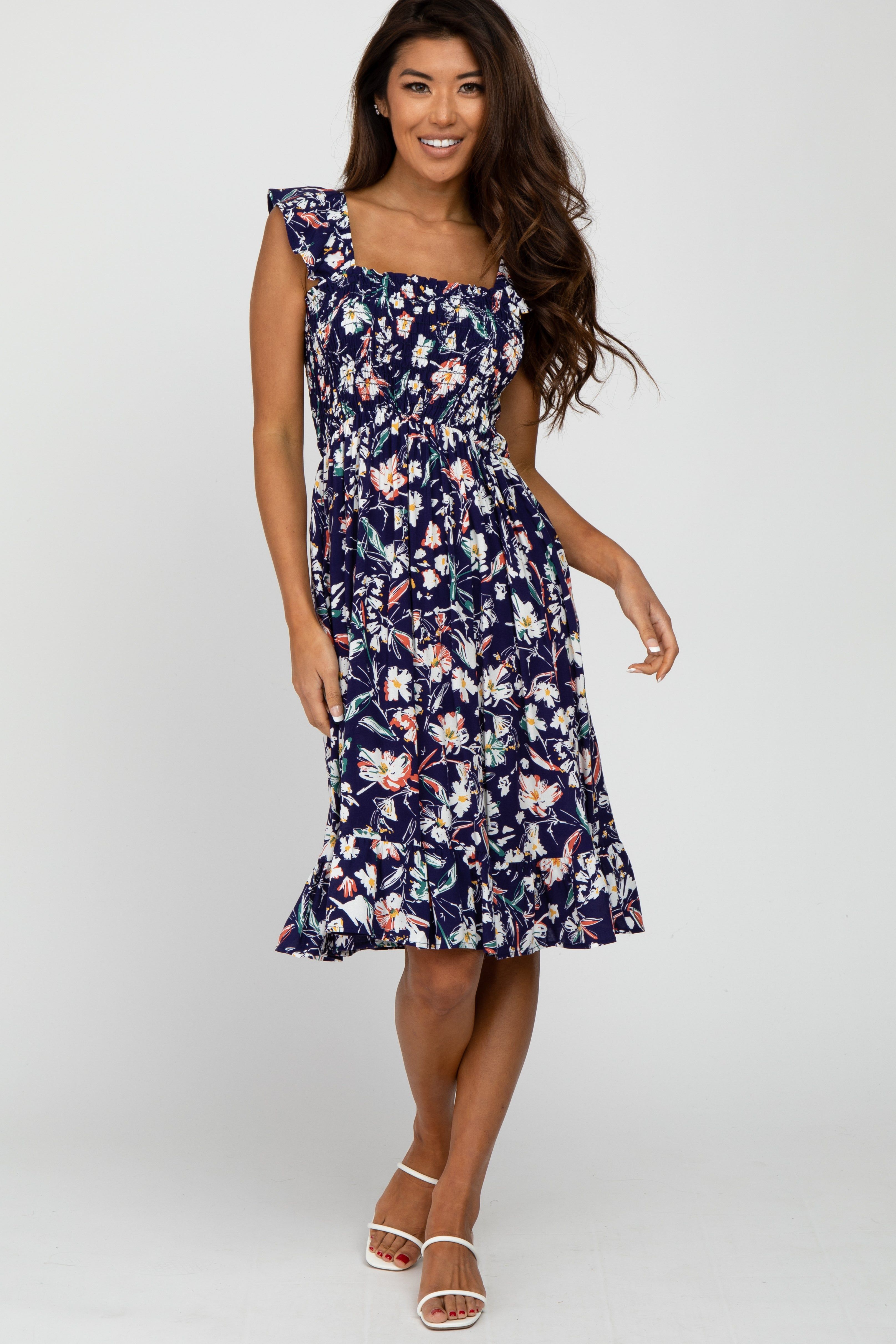 Navy Floral Smocked Dress sold by Pinkblush