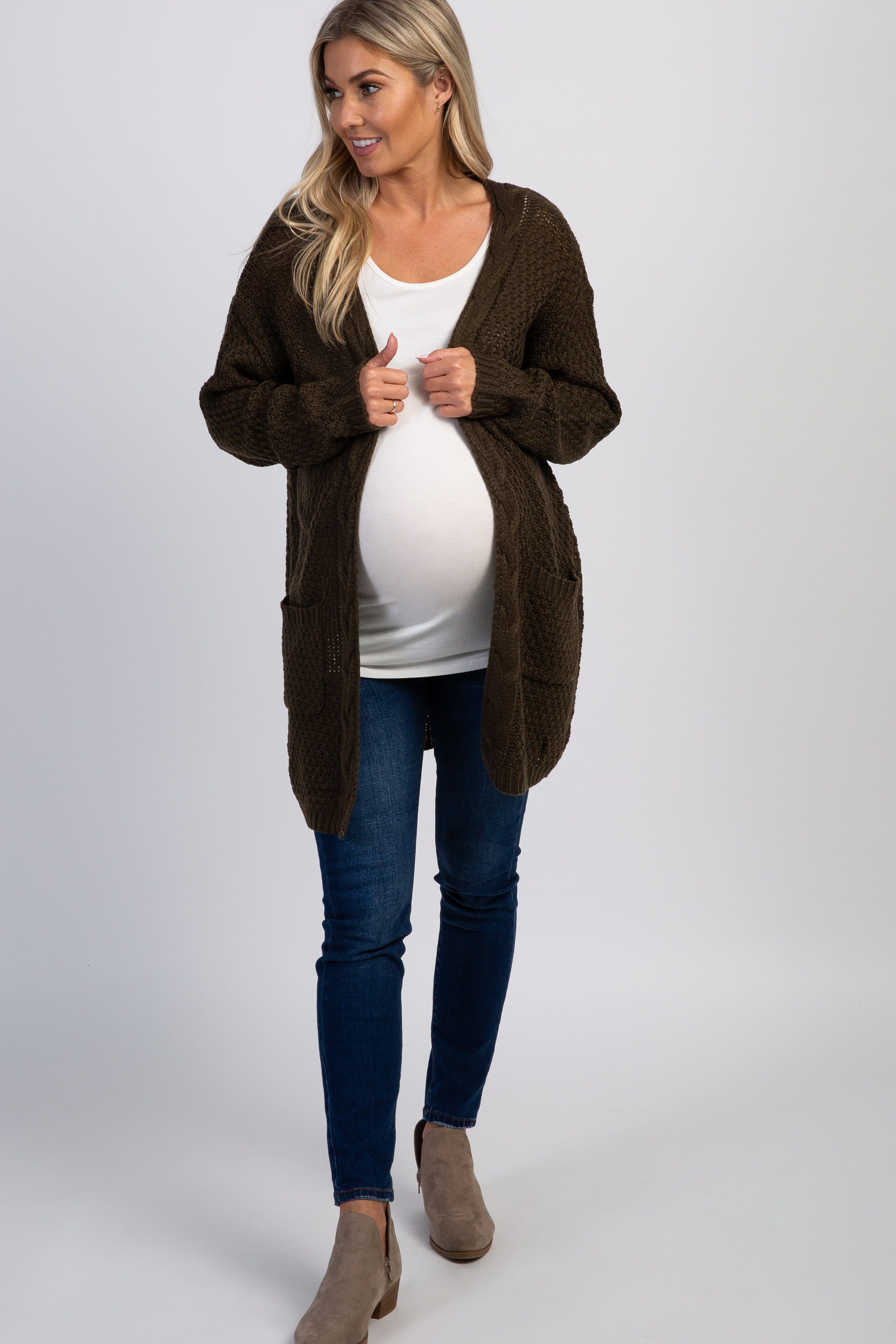 Olive Cable Knit Maternity Cardigan sold by Pinkblush product image thumbnail 4