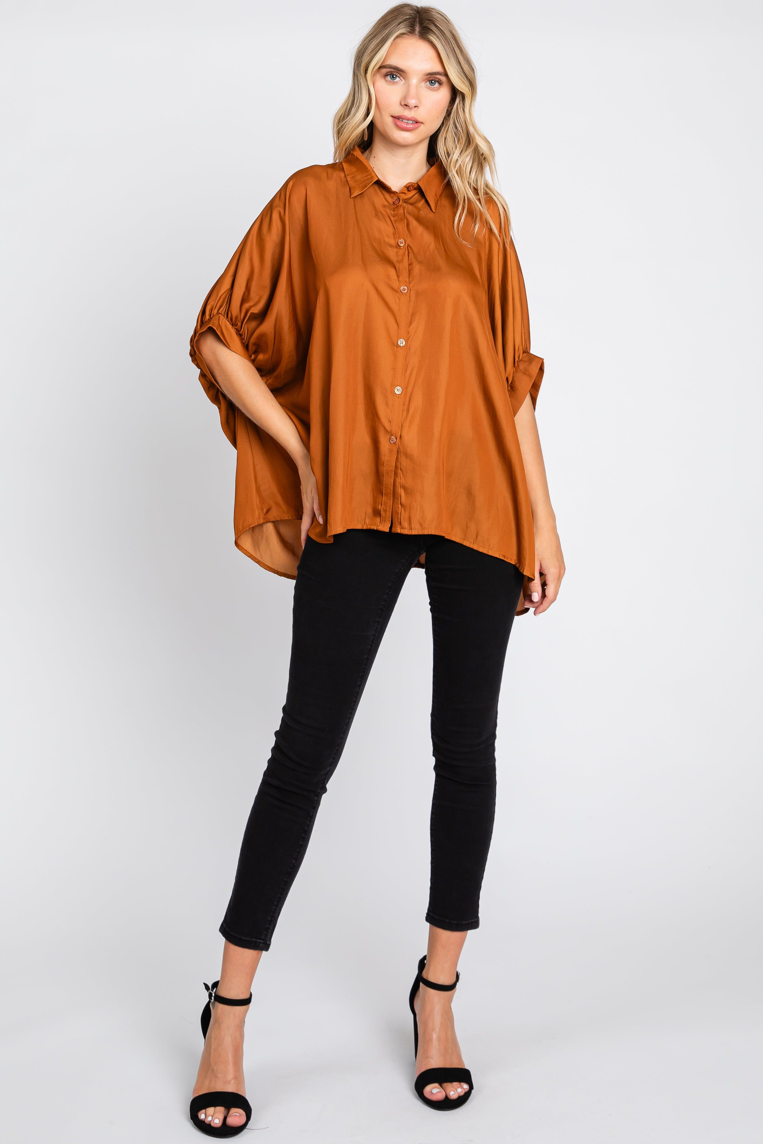 Camel Oversized Button Down Maternity Blouse sold by Pinkblush product image thumbnail 4