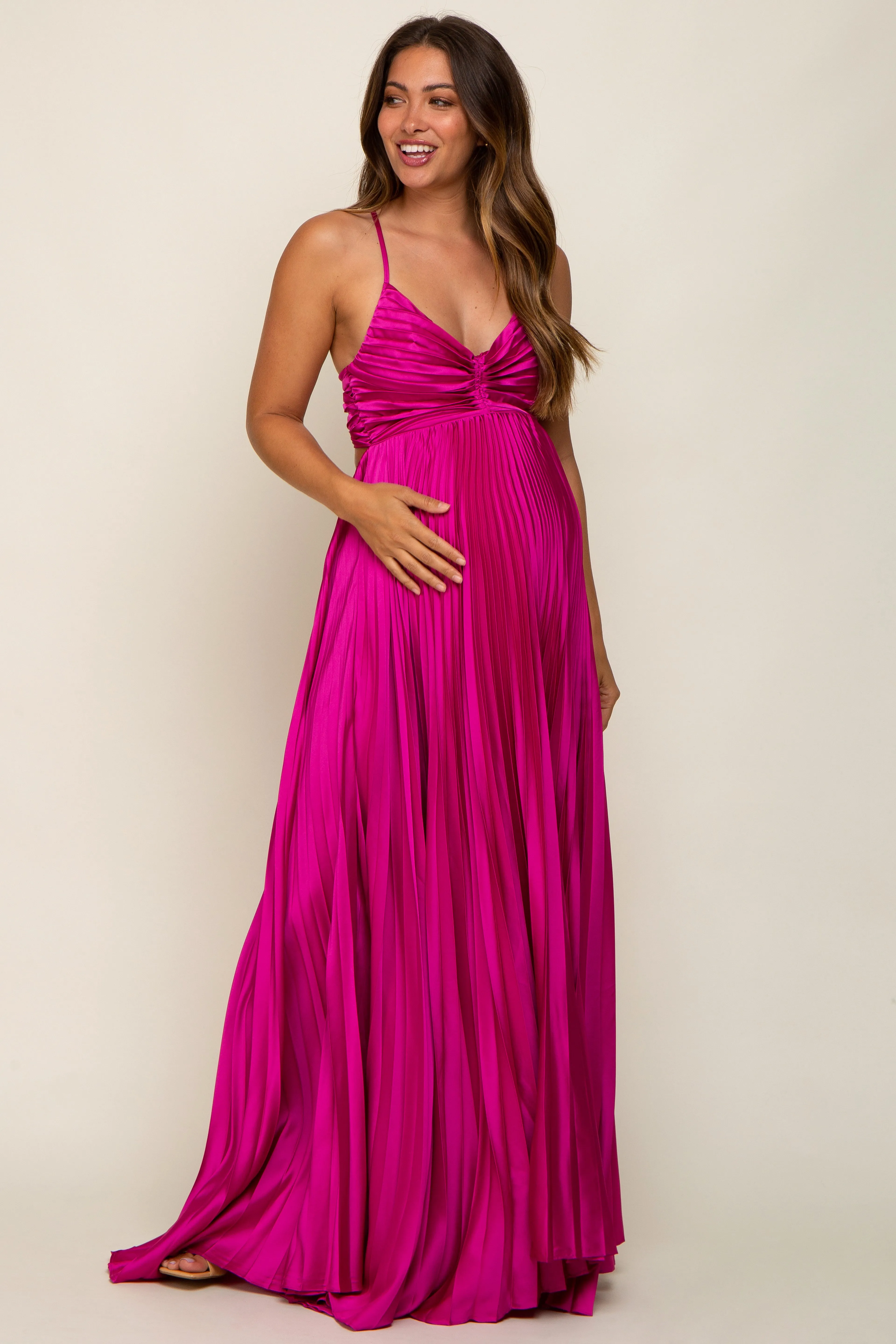 Magenta Satin Pleated Cutout Maternity Gown sold by Pinkblush product image thumbnail 4