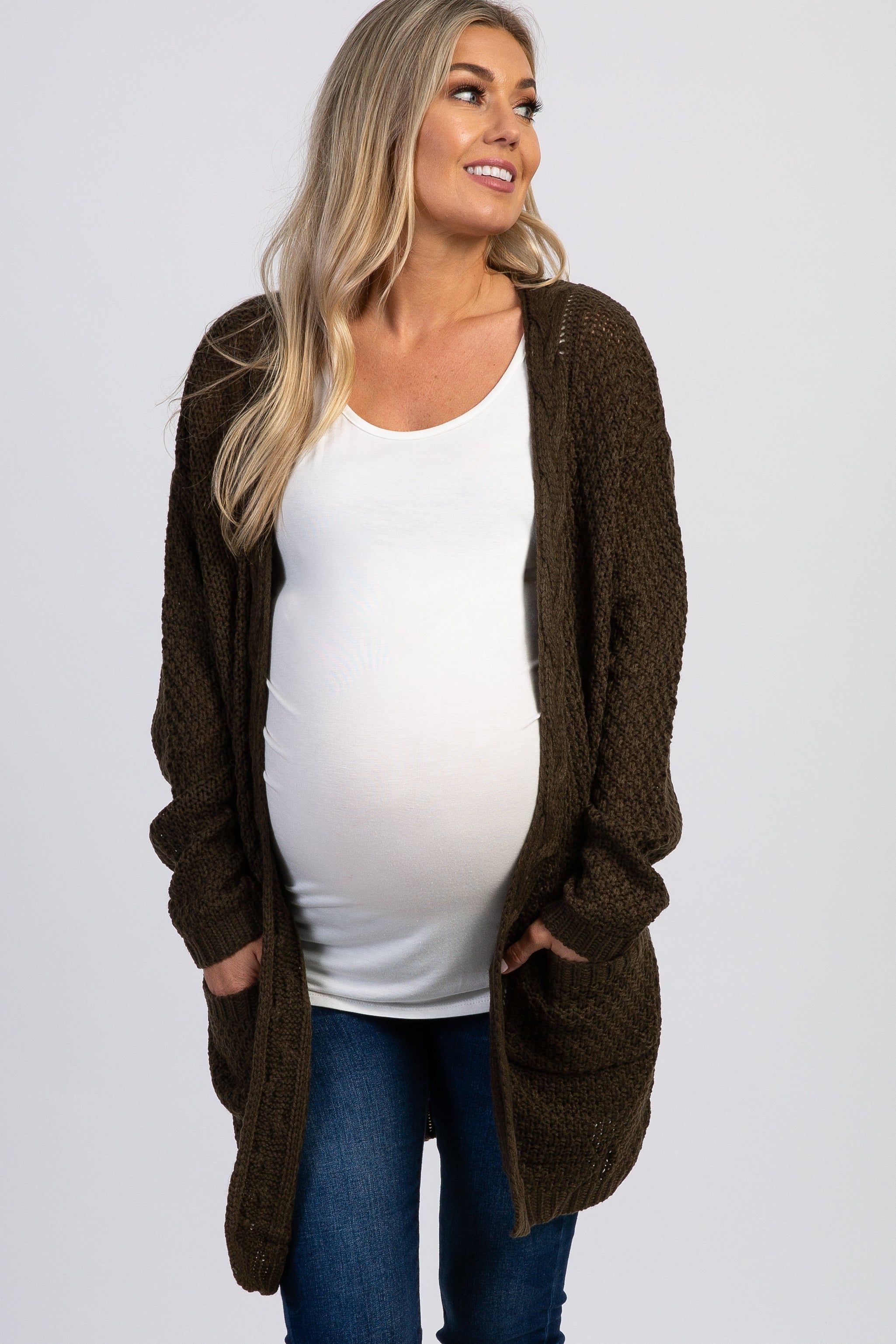 Olive Cable Knit Maternity Cardigan sold by Pinkblush