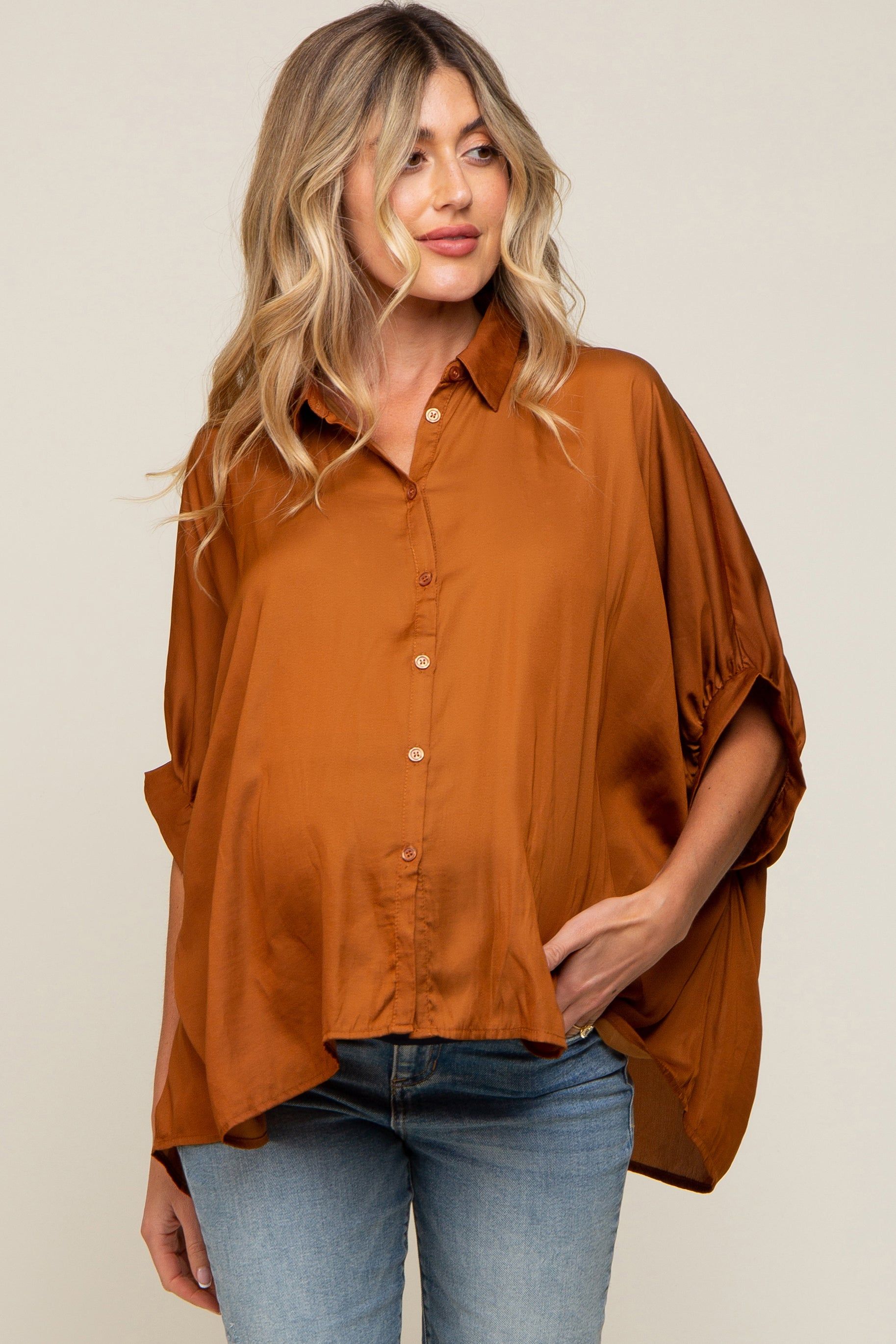 Camel Oversized Button Down Maternity Blouse sold by Pinkblush
