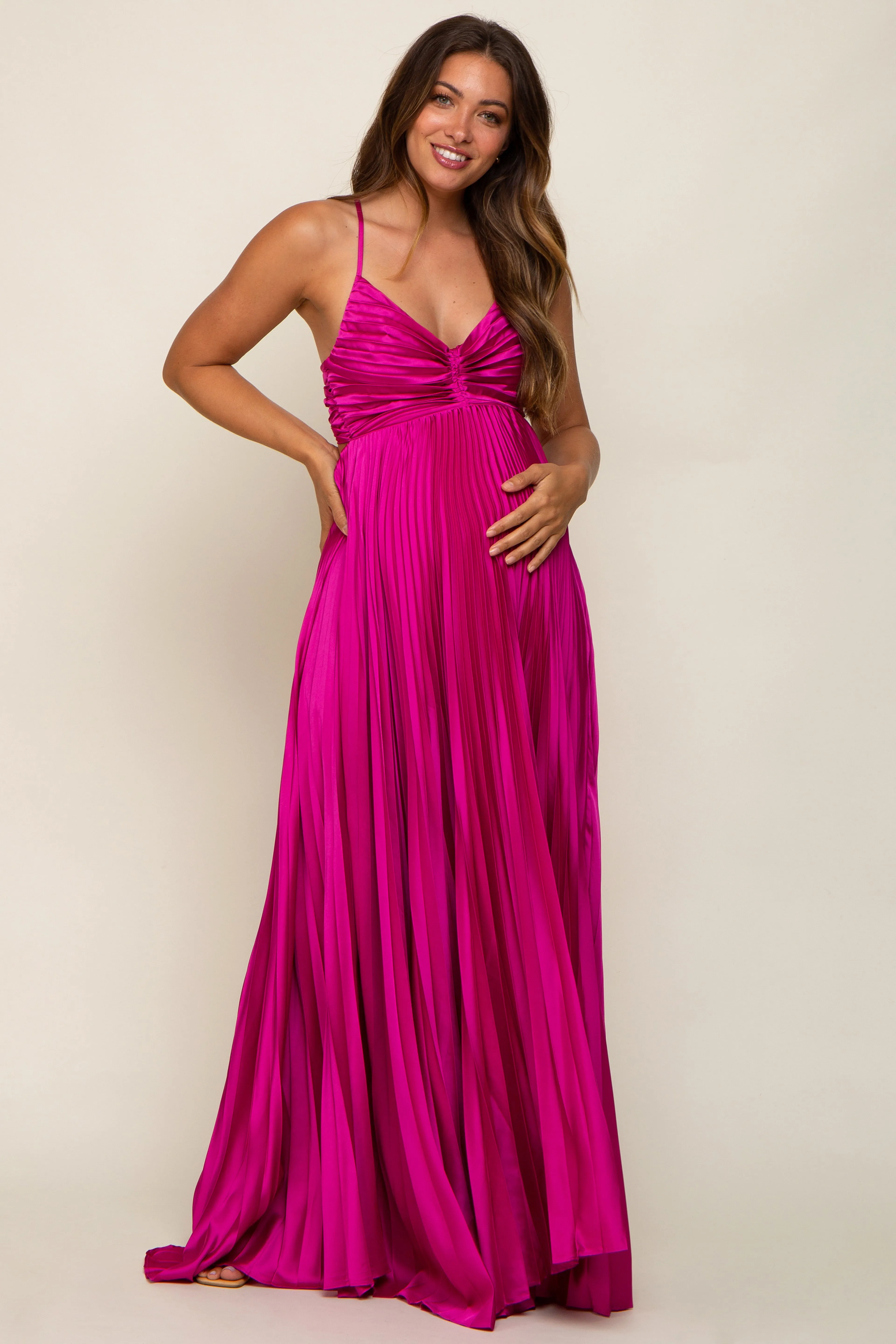 Magenta Satin Pleated Cutout Maternity Gown sold by Pinkblush
