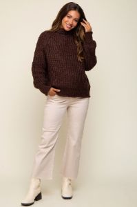 Brown Chunky Knit Mock Neck Maternity Sweater sold by Pinkblush