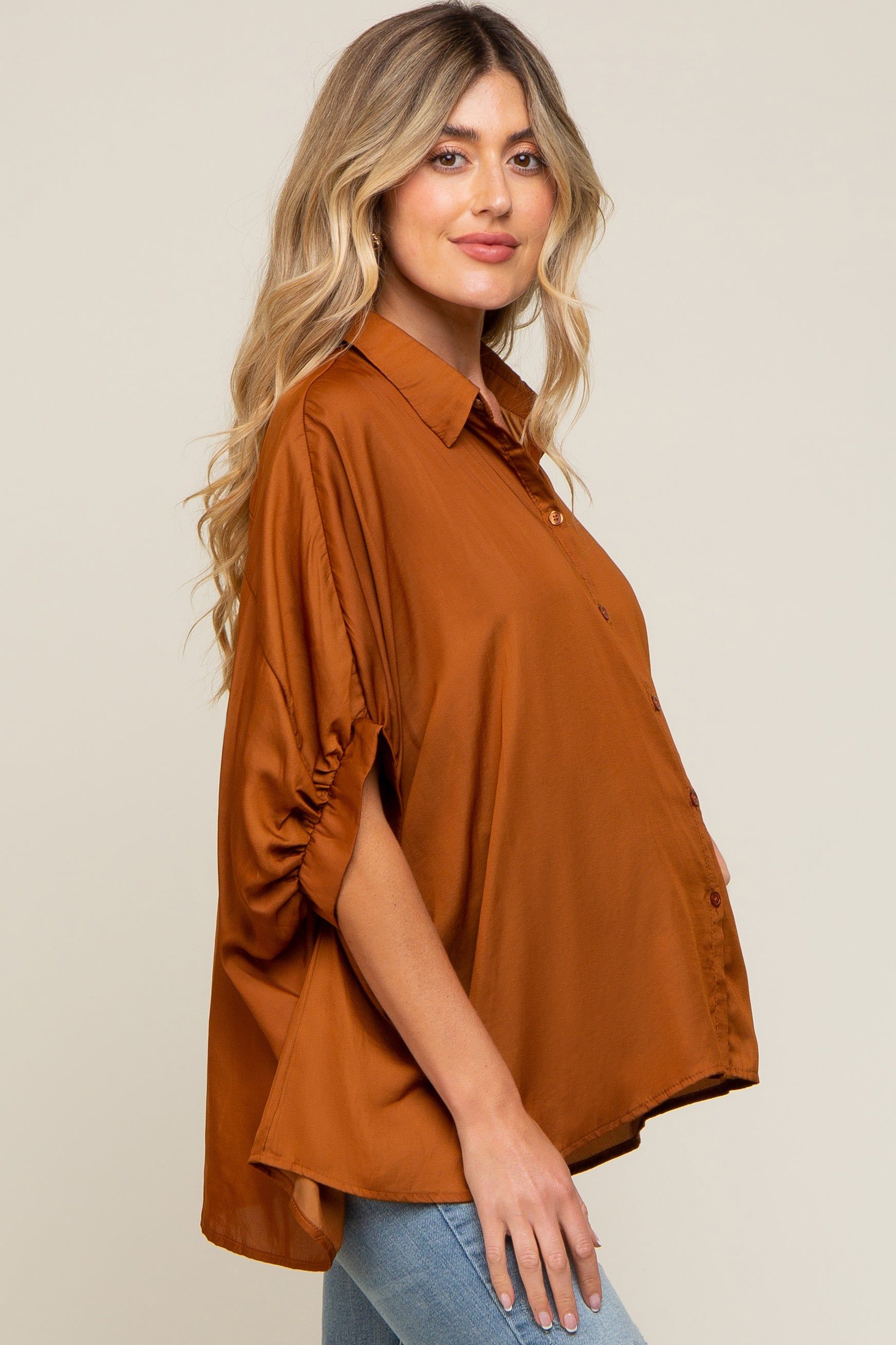 Camel Oversized Button Down Maternity Blouse sold by Pinkblush product image thumbnail 2