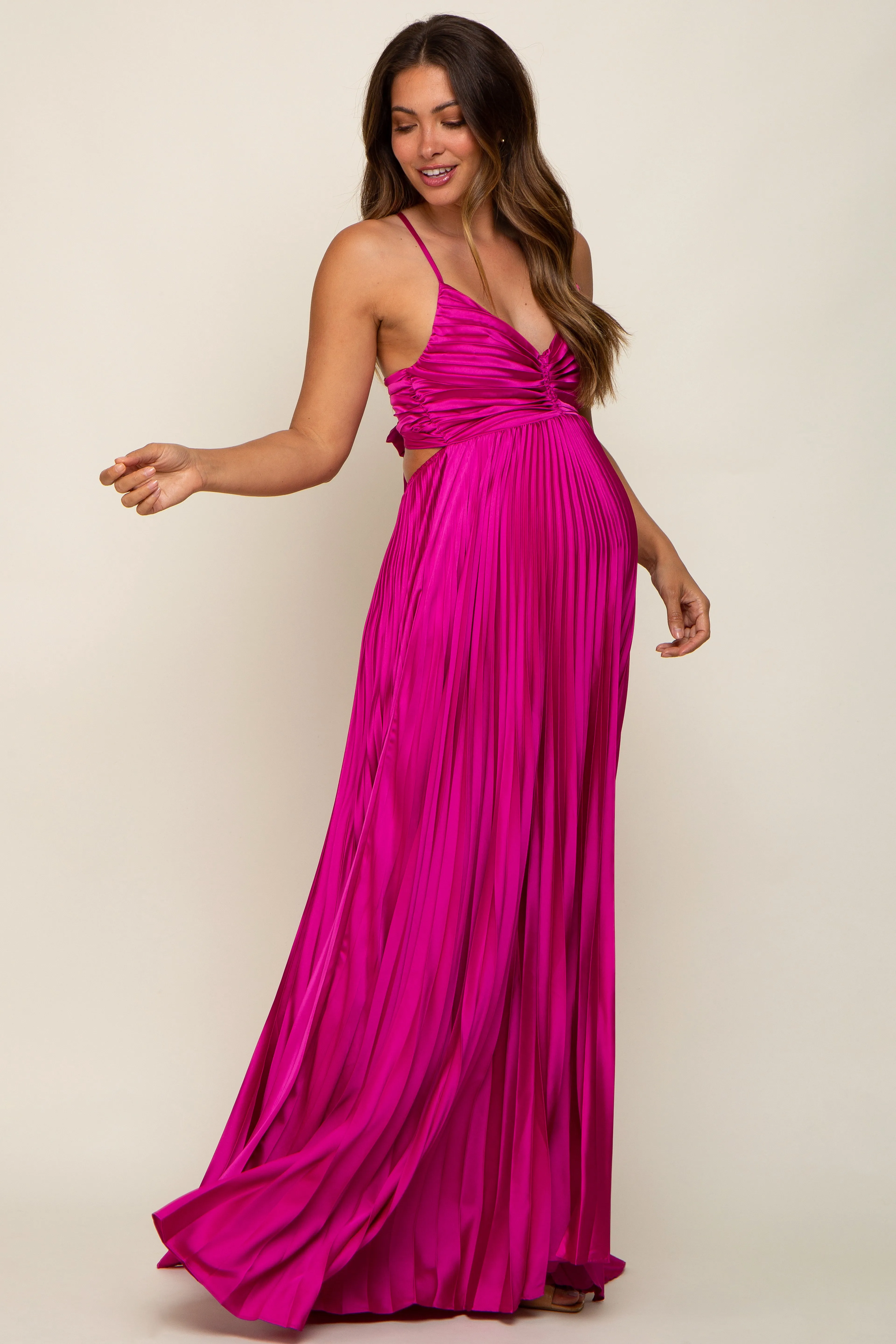 Magenta Satin Pleated Cutout Maternity Gown sold by Pinkblush product image thumbnail 2