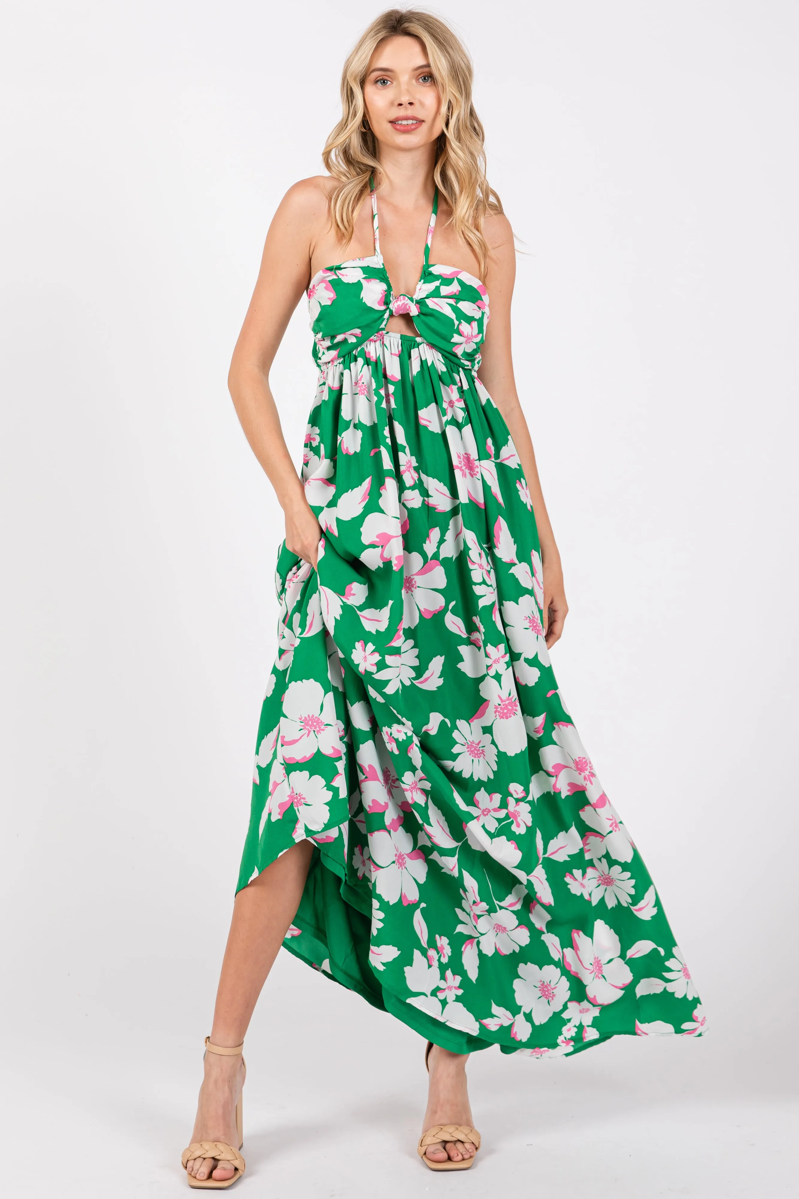 Green Floral Halter Neck Maxi Dress sold by Pinkblush product image thumbnail 5
