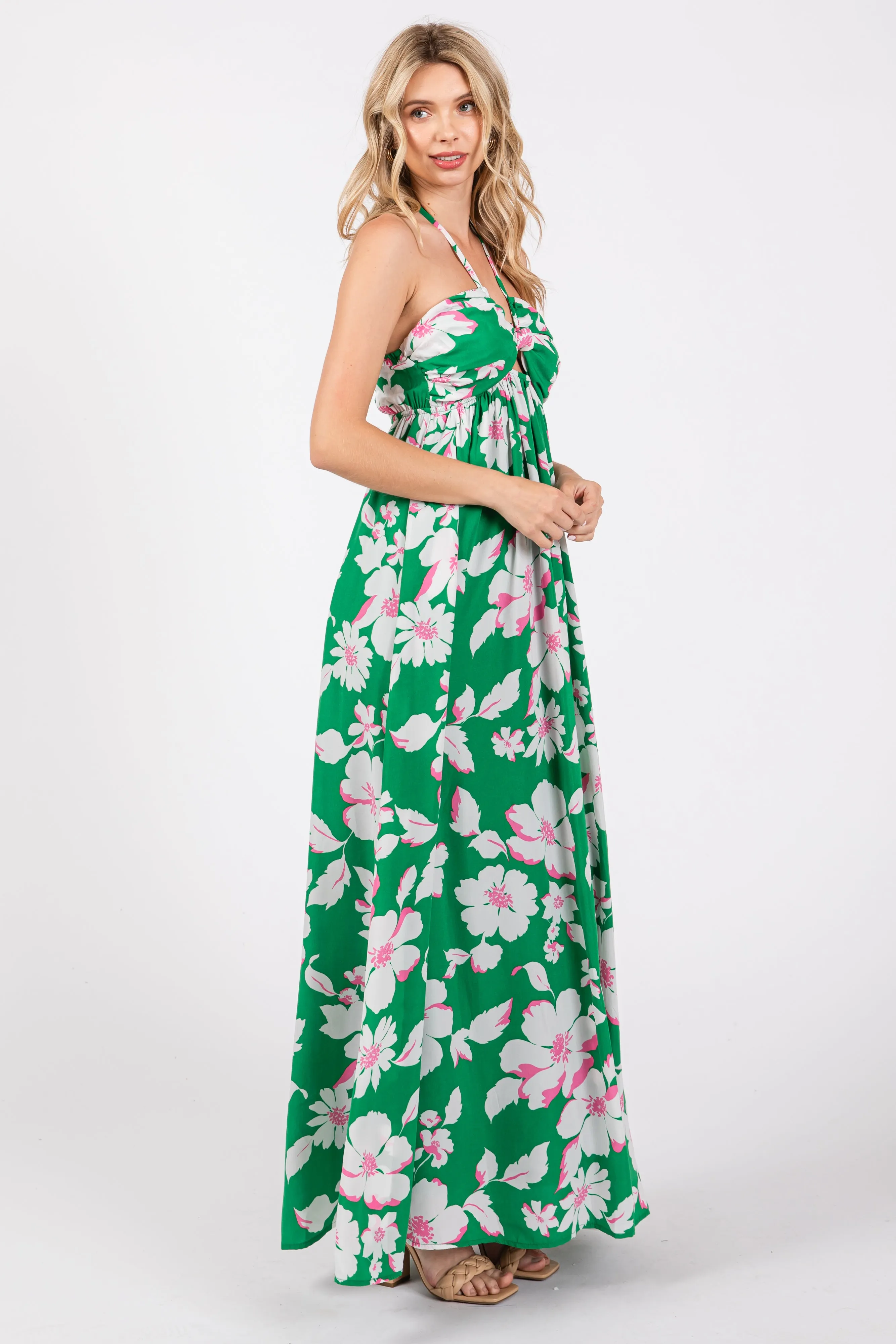 Green Floral Halter Neck Maxi Dress sold by Pinkblush product image thumbnail 2