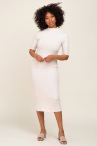 Cream Ribbed Mock Neck Midi Dress sold by Pinkblush