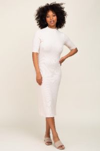 Cream Ribbed Mock Neck Midi Dress sold by Pinkblush