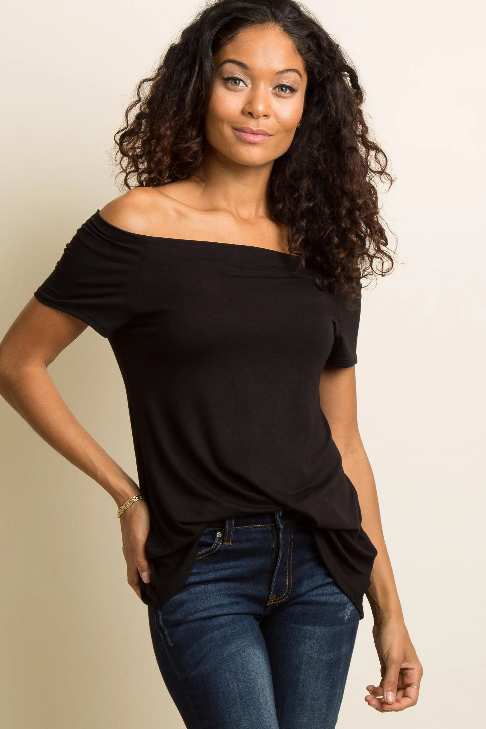 Black Off Shoulder Short Sleeve Top sold by Pinkblush