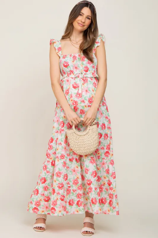 Ivory Floral Square Neck Ruffle Tiered Maternity Maxi Dress sold by Pinkblush