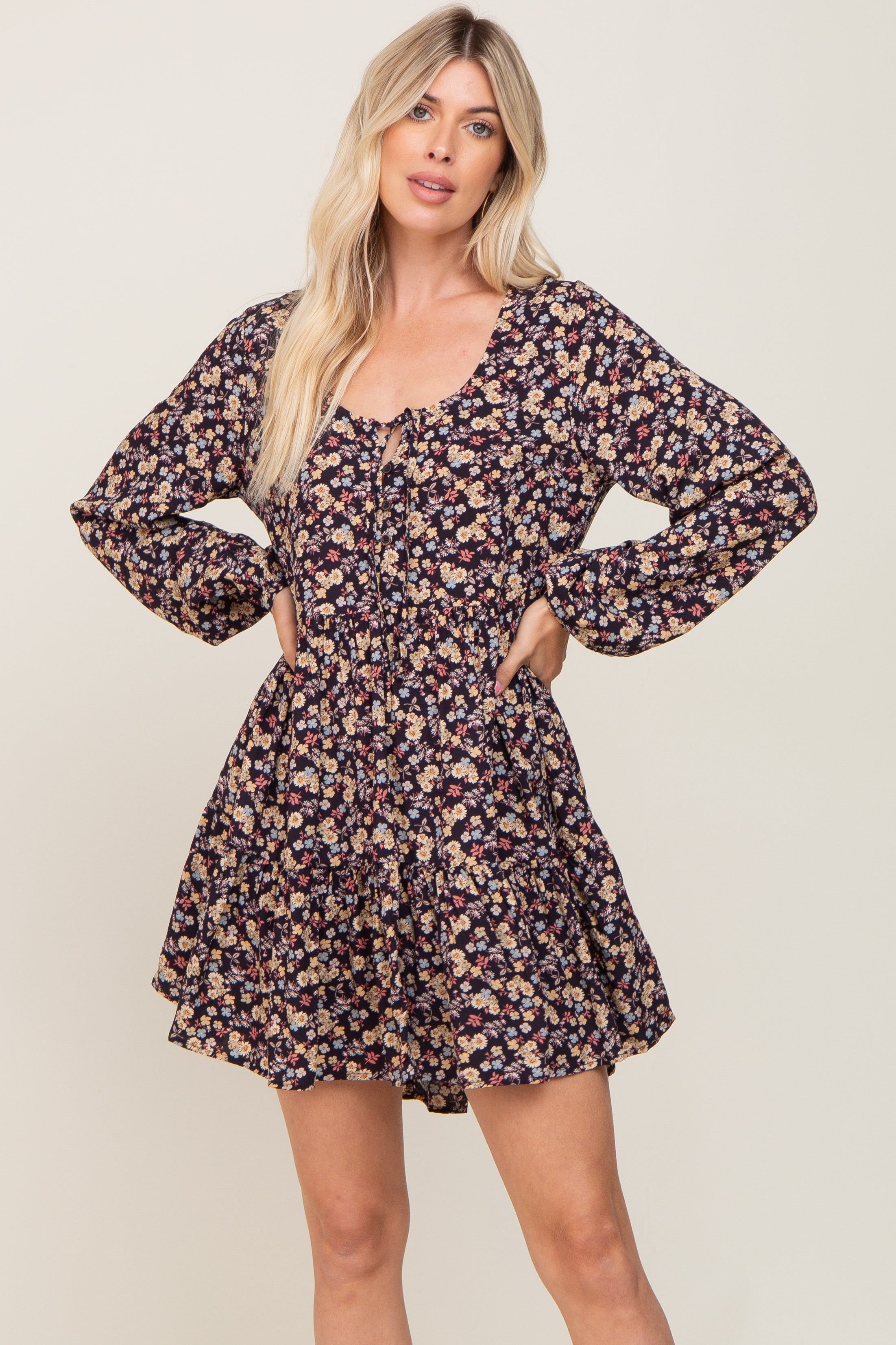 Black Floral Button Front Long Sleeve Dress sold by Pinkblush