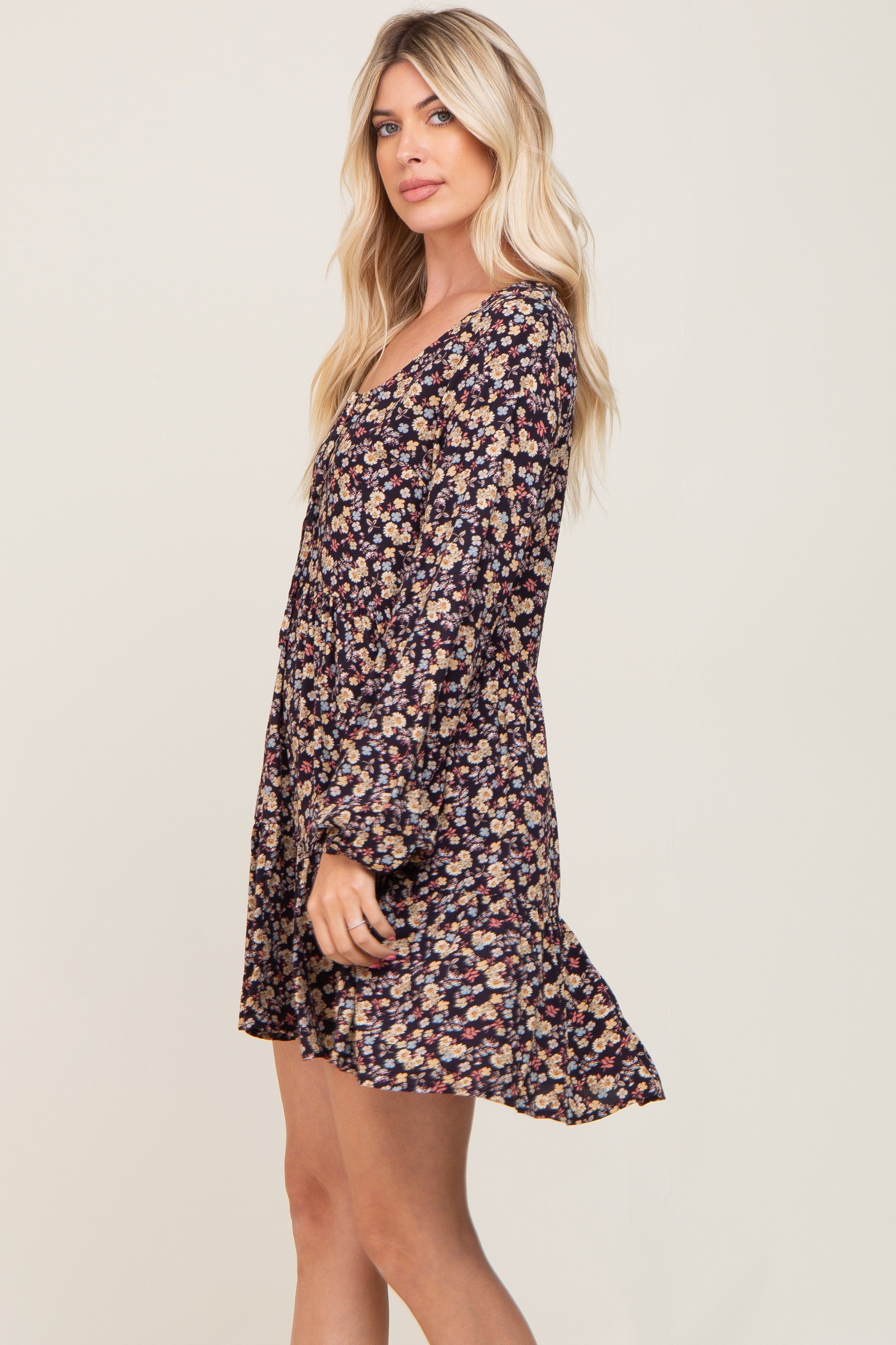 Black Floral Button Front Long Sleeve Dress sold by Pinkblush product image thumbnail 2