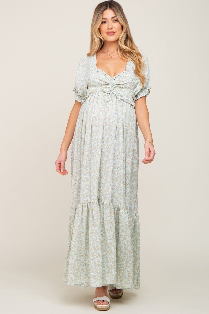 Sage Floral Smocked Ruffle Maternity Maxi Dress sold by Pinkblush